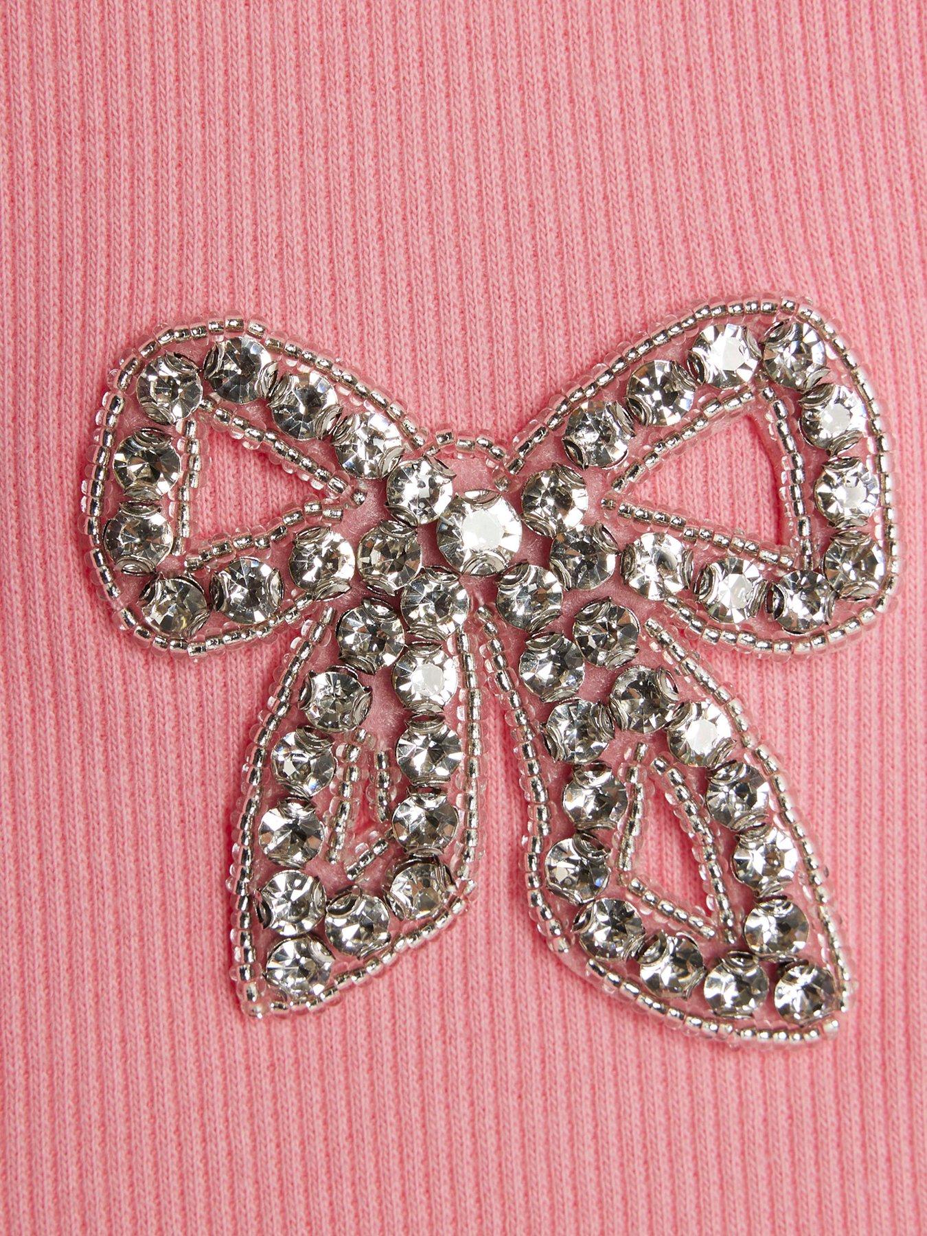 Image 3 of 4 of River Island Older Girls Ribbed Diamante Bow T-Shirt - Pink