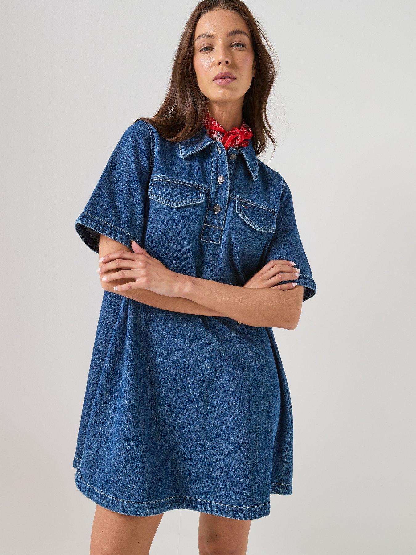 Tommy Jeans A-Line Mini Denim Short Sleeve Shift Dress - Blue