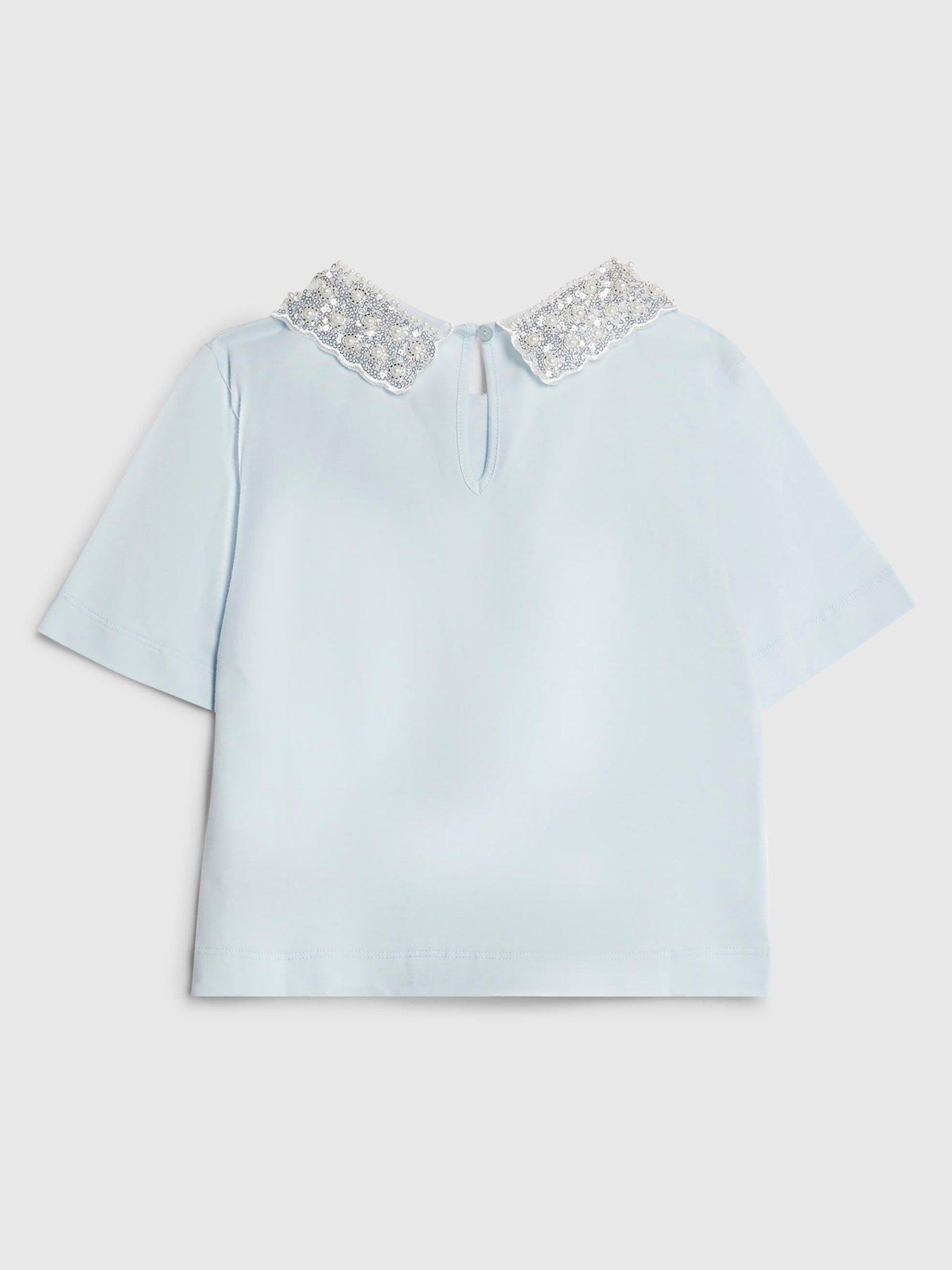back image of river-island-older-girls-pearl-bow-collar-t-shirt-blue