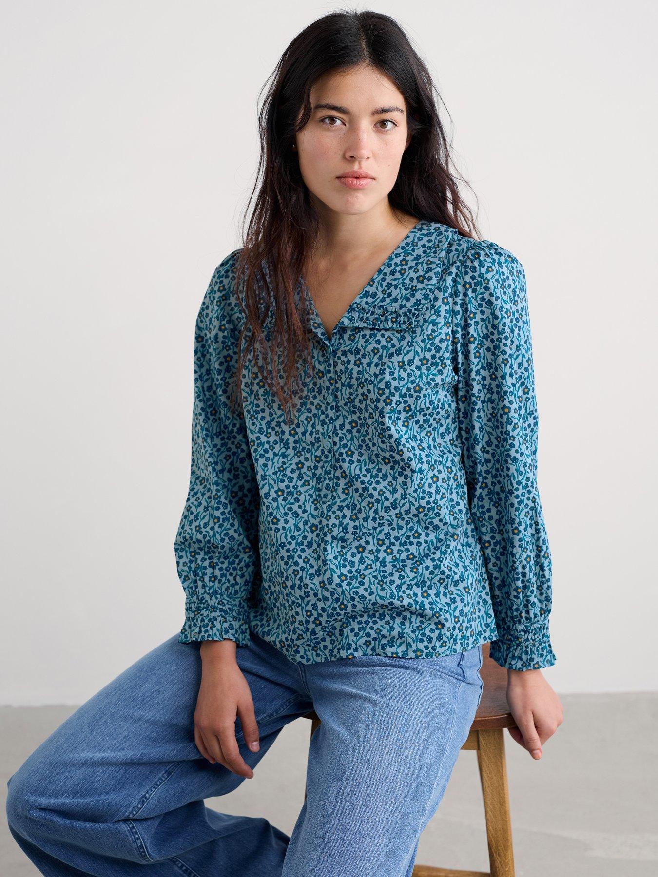 front image of seasalt-cornwall-ysella-floral-print-top-blue