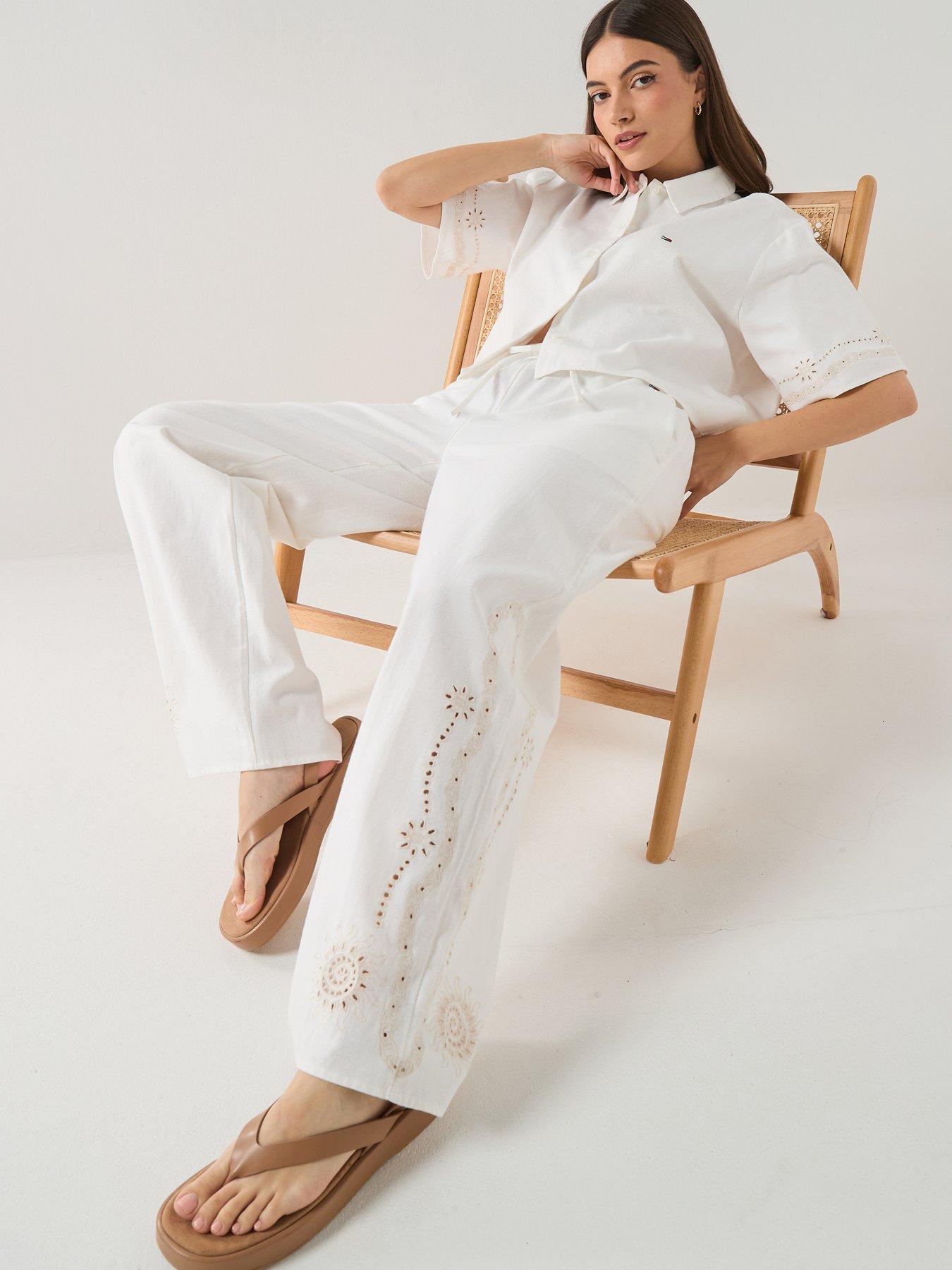 Image 3 of 6 of Tommy Jeans Broderie Linen Pants - Ivory