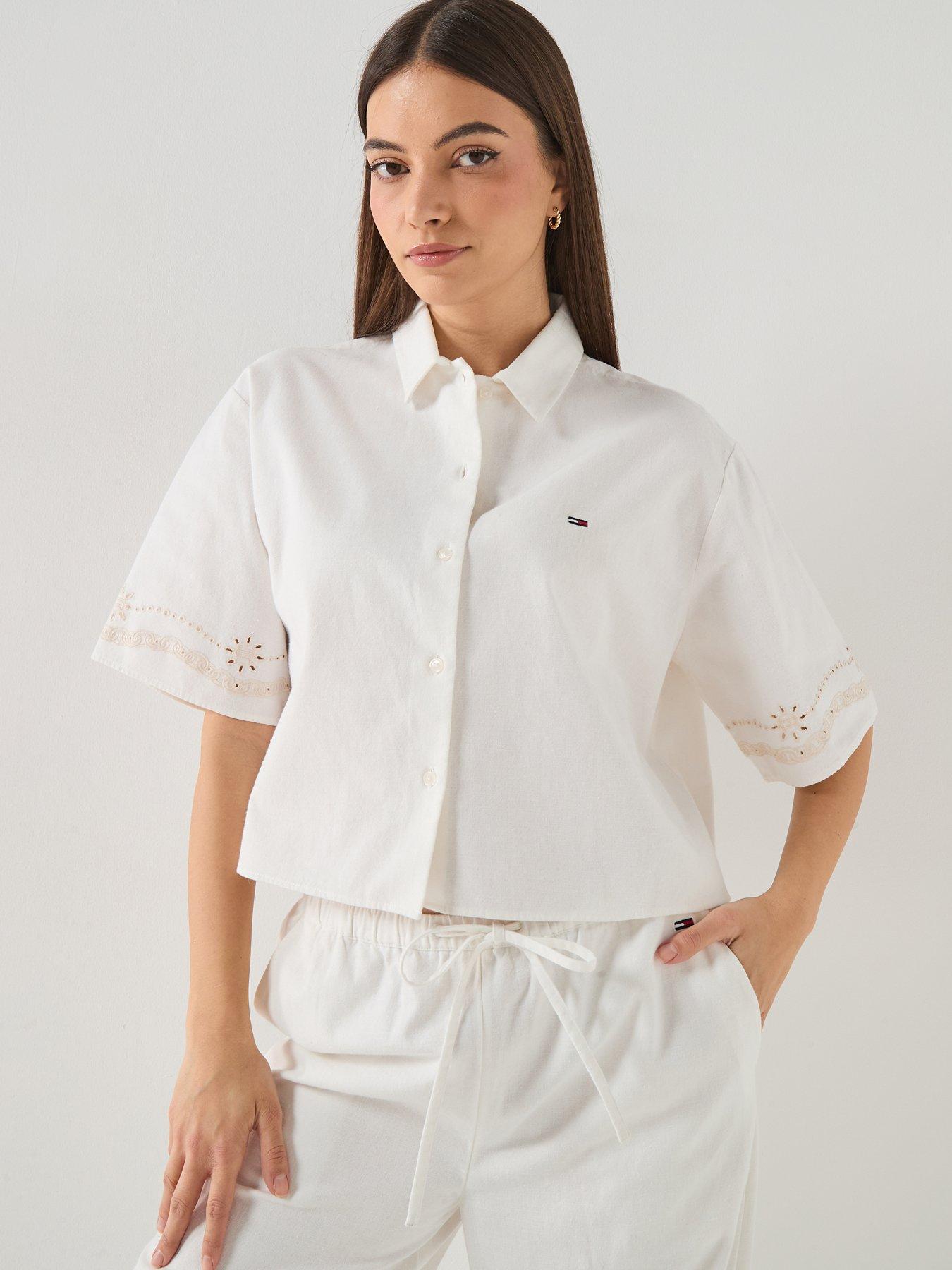 Image 1 of 6 of Tommy Jeans Broderie Linen Shirt - White