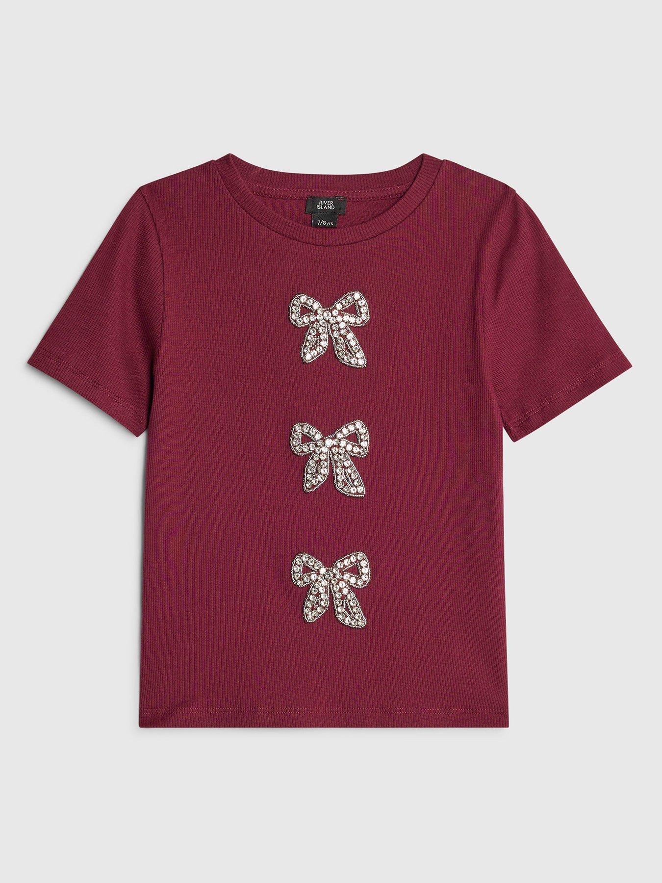 Image 1 of 4 of River Island Older Girls Ribbed Diamante Bow T-Shirt - Dark Red