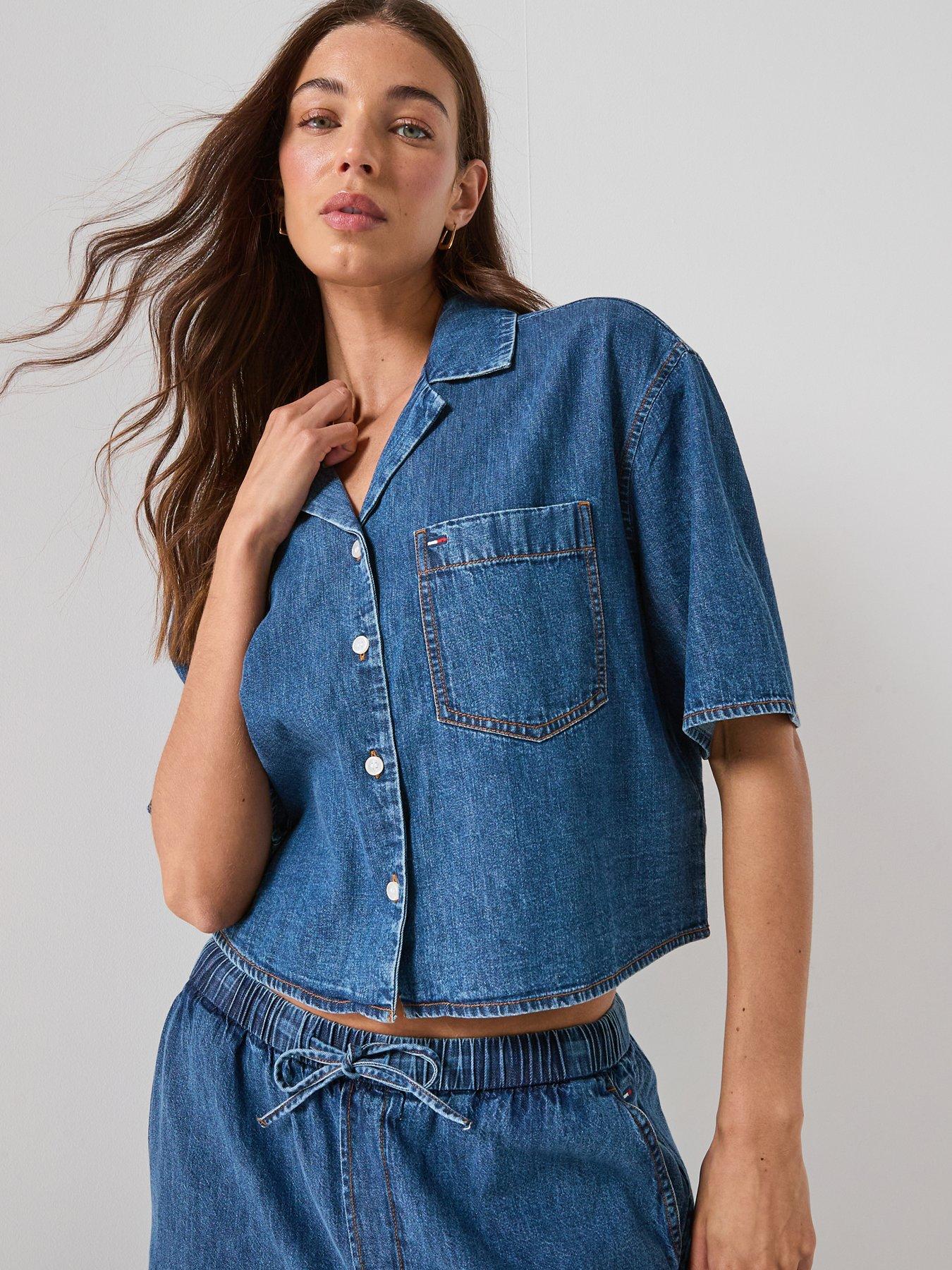 Image 1 of 6 of Tommy Jeans Crop Chambray Shirt - Blue