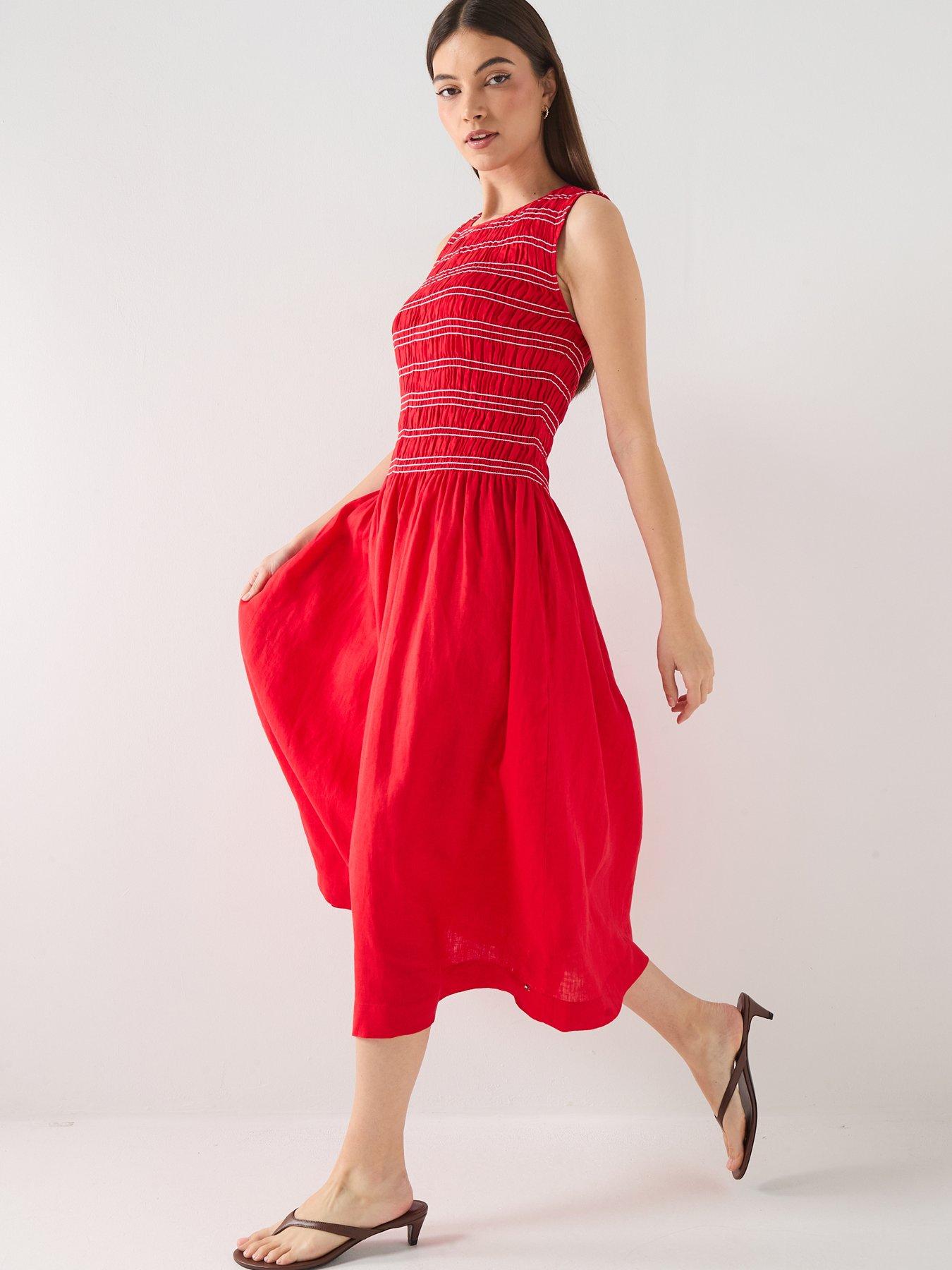 Tommy Hilfiger Smock Linen Midi Dress - Red