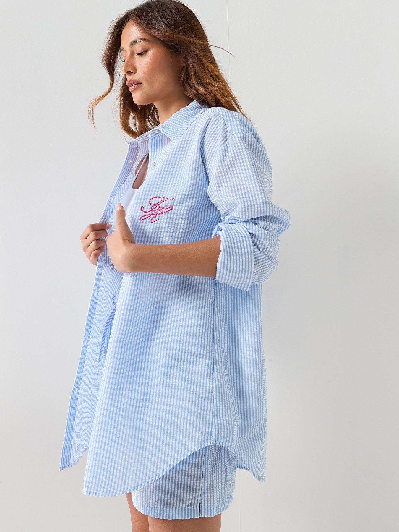 Tommy Hilfiger Seersucker Striped Long Co Ord Shirt - Blue