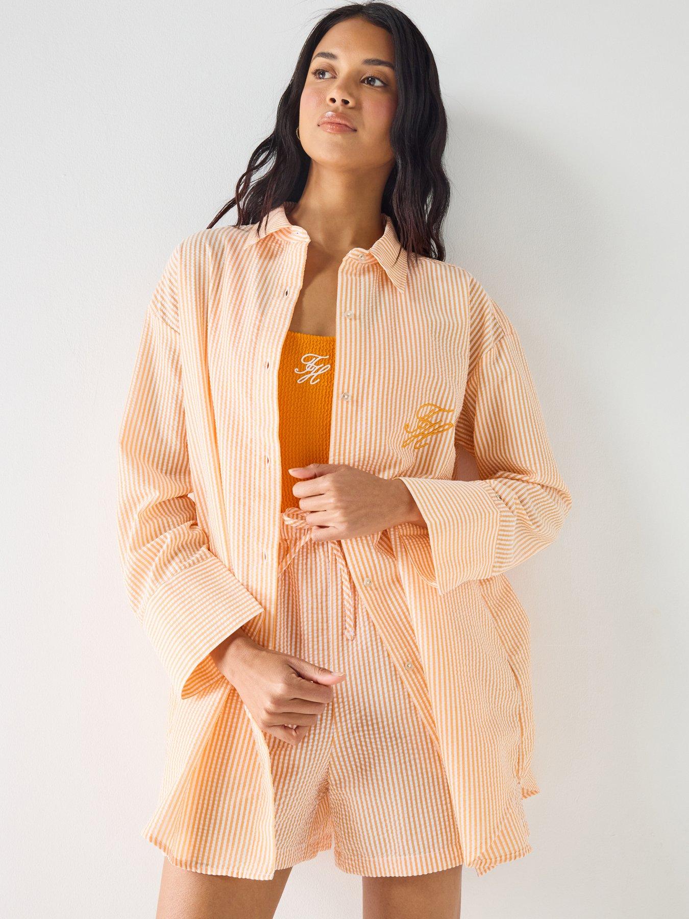 Image 1 of 5 of Tommy Hilfiger Seersucker Striped Long Co Ord Shirt - Orange