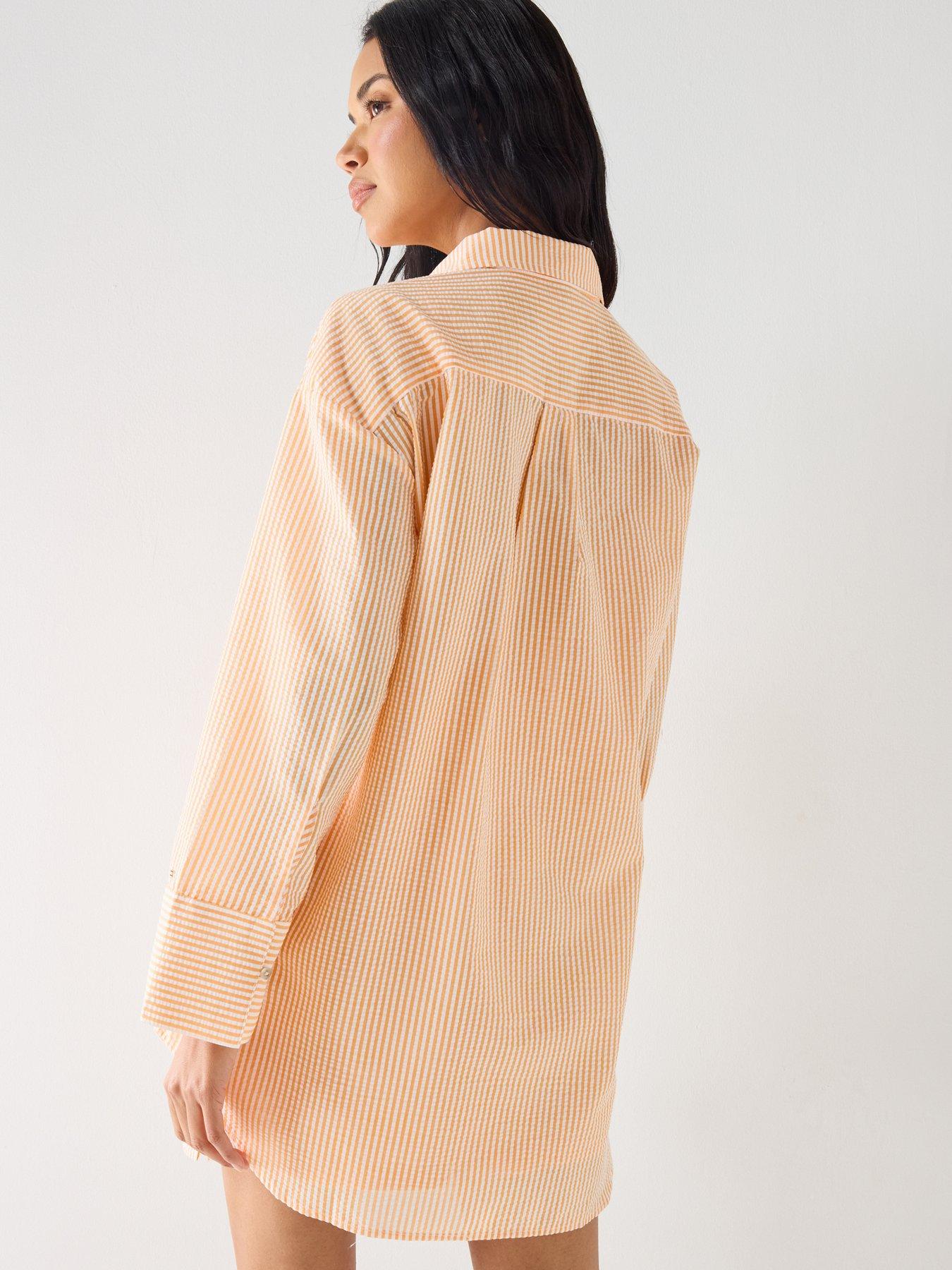 Image 2 of 5 of Tommy Hilfiger Seersucker Striped Long Co Ord Shirt - Orange