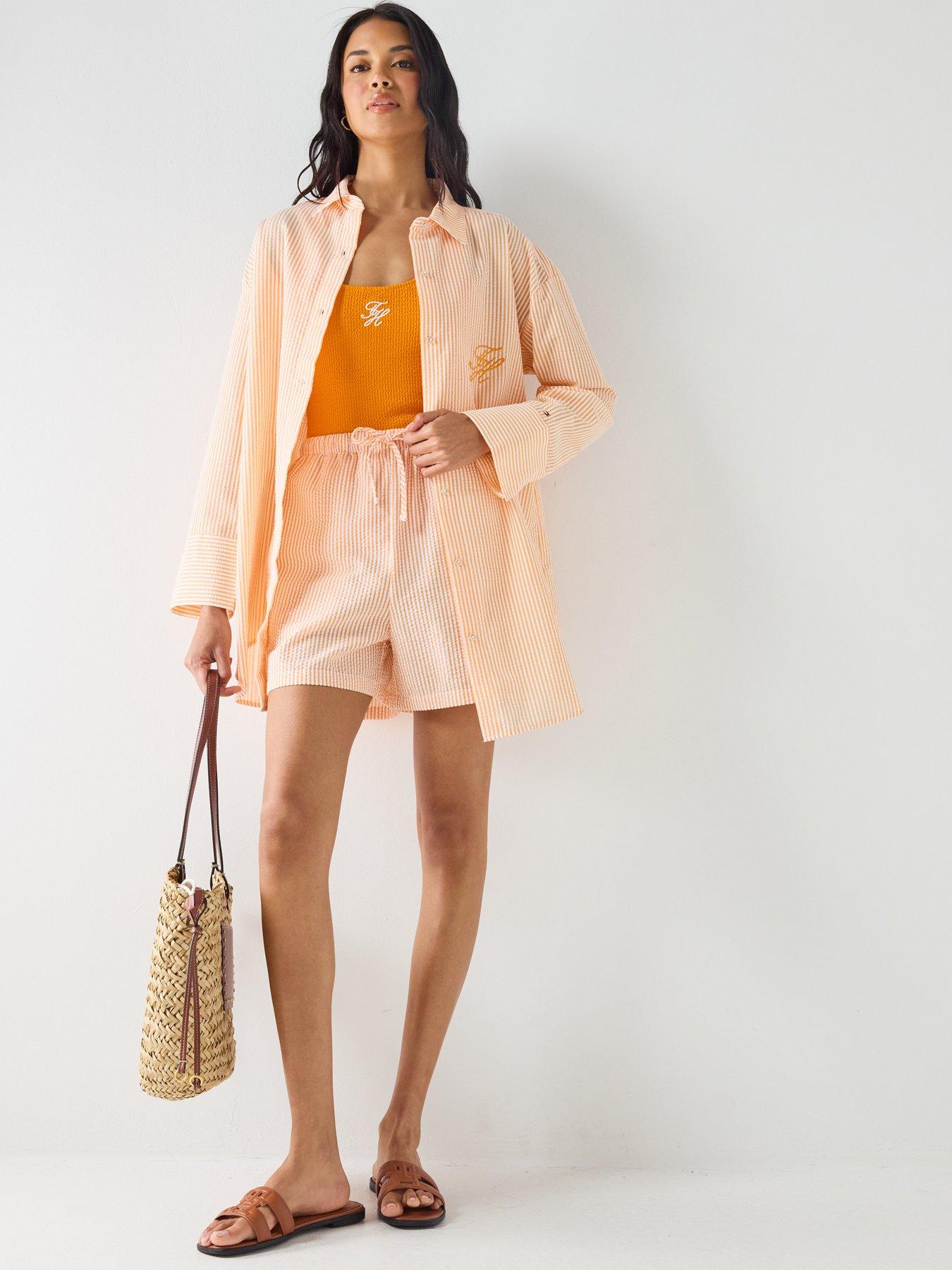Image 3 of 5 of Tommy Hilfiger Seersucker Striped Long Co Ord Shirt - Orange