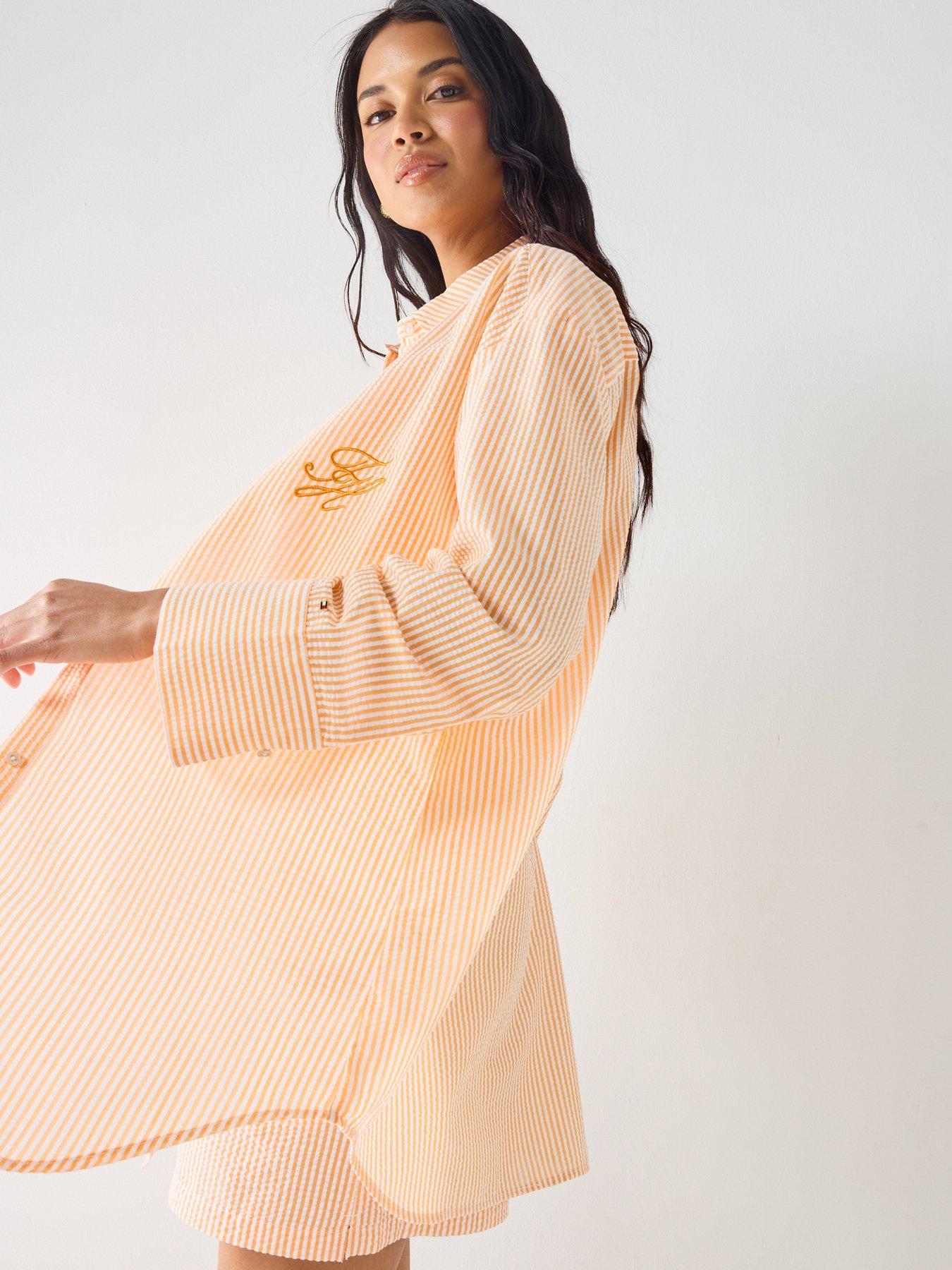 Image 4 of 5 of Tommy Hilfiger Seersucker Striped Long Co Ord Shirt - Orange