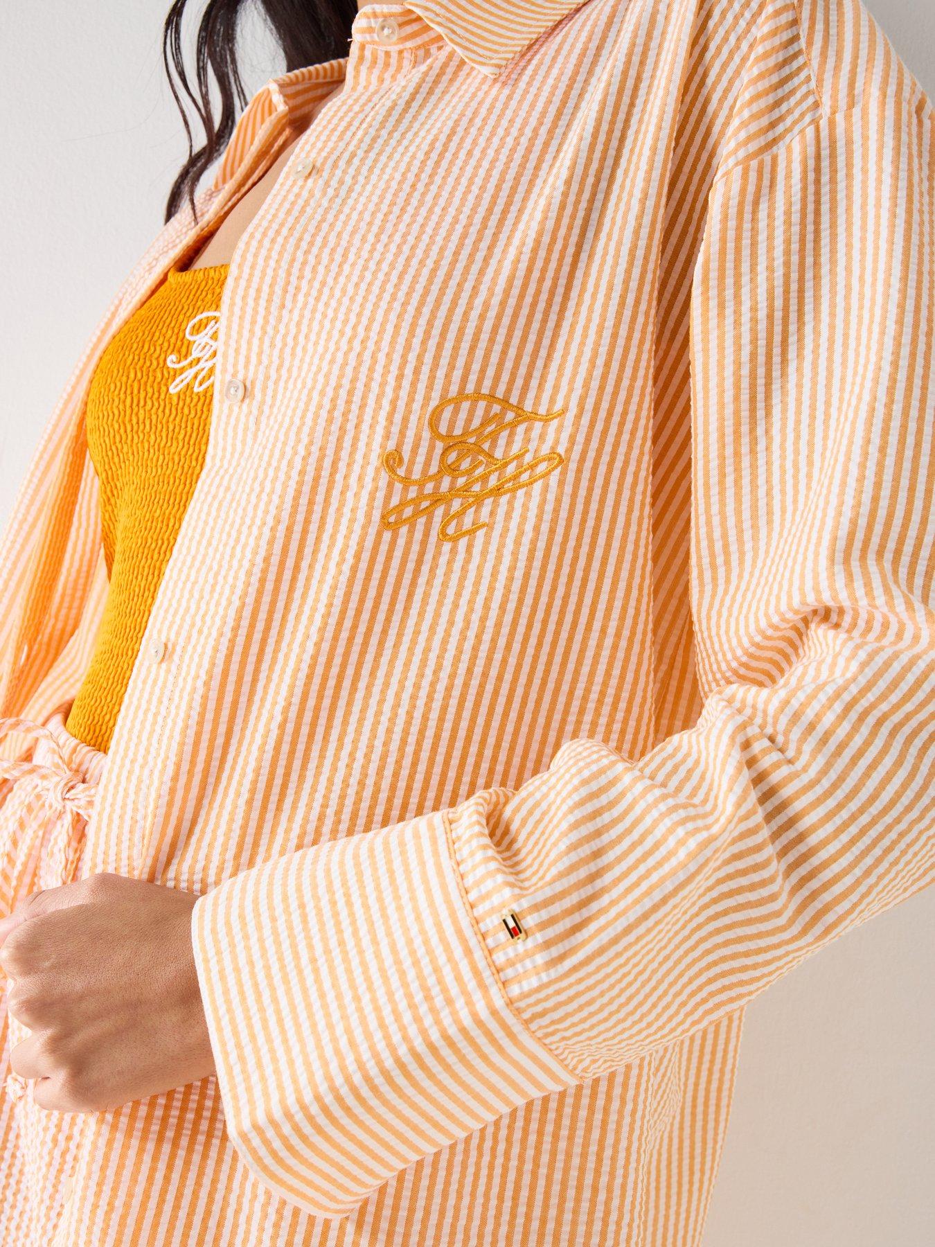 Image 5 of 5 of Tommy Hilfiger Seersucker Striped Long Co Ord Shirt - Orange