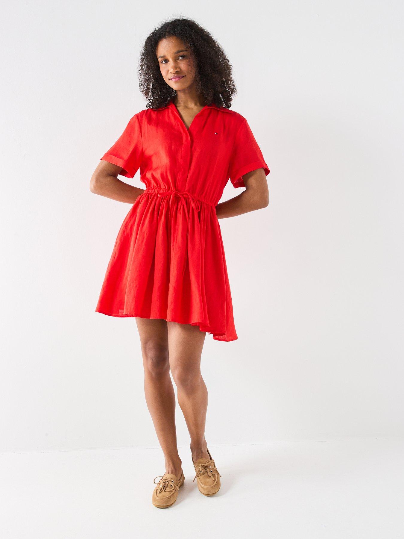 Tommy Hilfiger Linen Short Sleeve Mini Dress - Red