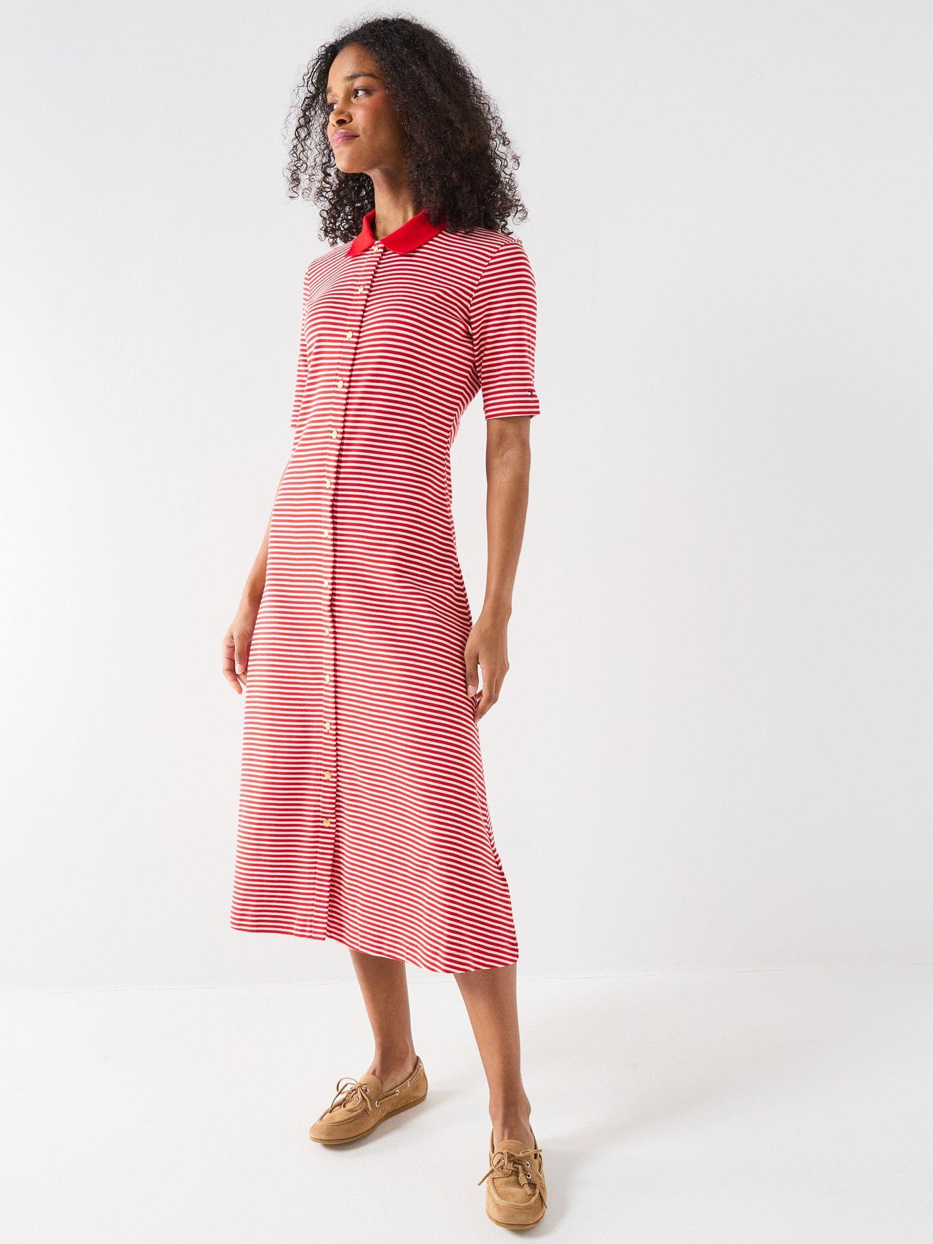 Tommy Hilfiger Midi Short Sleeve Dress - Red Stripe