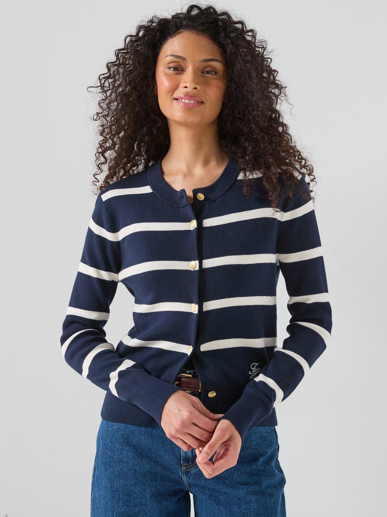 Tommy Hilfiger Crew Neck Long Sleeve Striped Cardigan - Navy