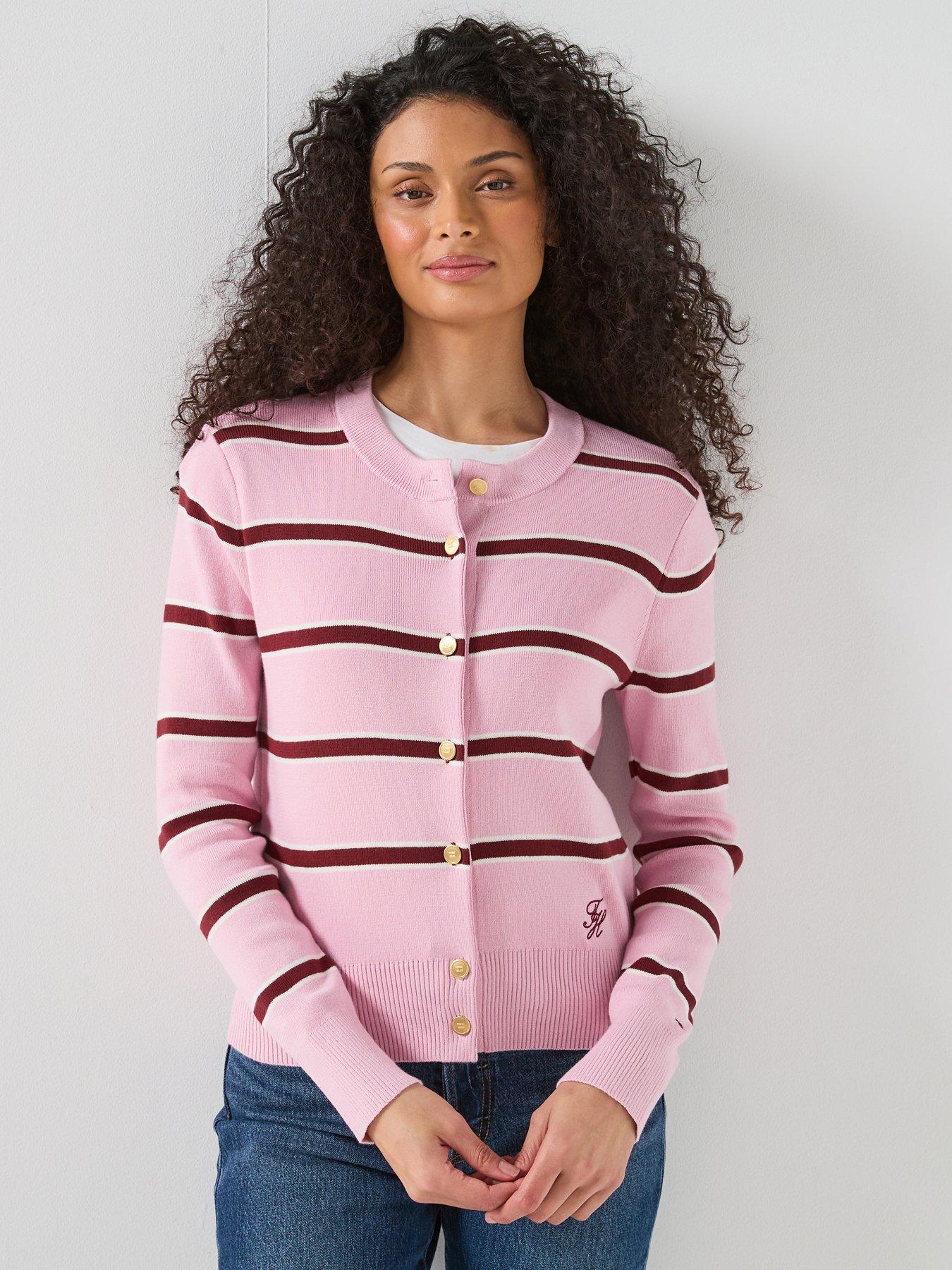 Tommy Hilfiger Premium Knit Gold-Tone Button Stripe Cardigan - Pink
