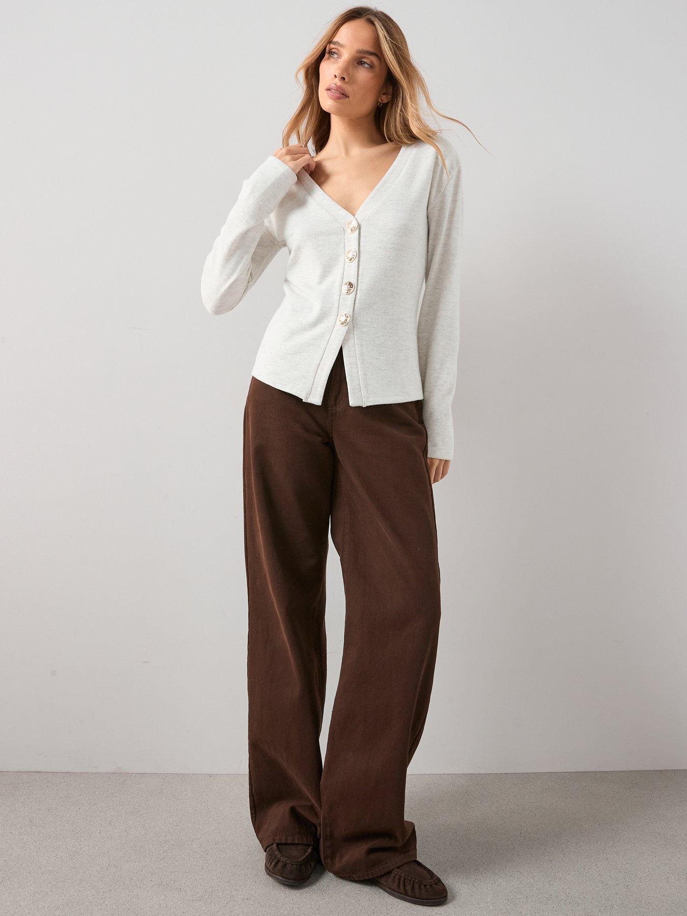  image of the-very-collection-button-front-long-sleeve-soft-touch-top-oatmeal