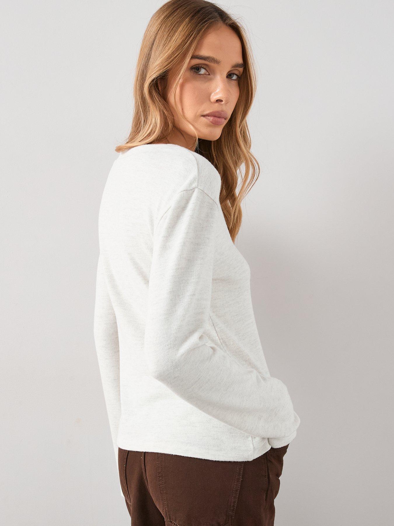  image of the-very-collection-button-front-long-sleeve-soft-touch-top-oatmeal