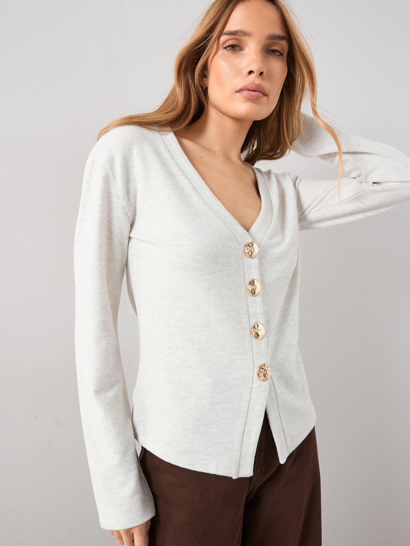  image of the-very-collection-button-front-long-sleeve-soft-touch-top-oatmeal