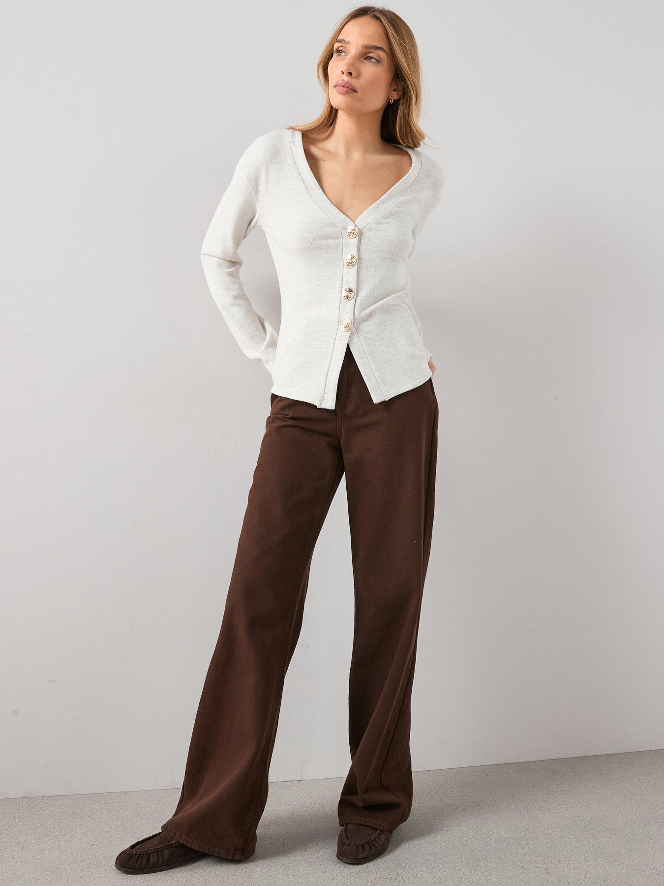  image of the-very-collection-button-front-long-sleeve-soft-touch-top-oatmeal