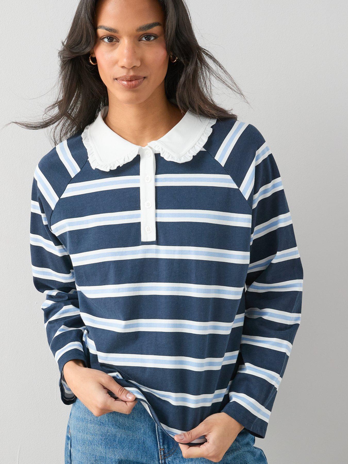 The Very Collection Frill Collar Stripe Rugby Top - Blue