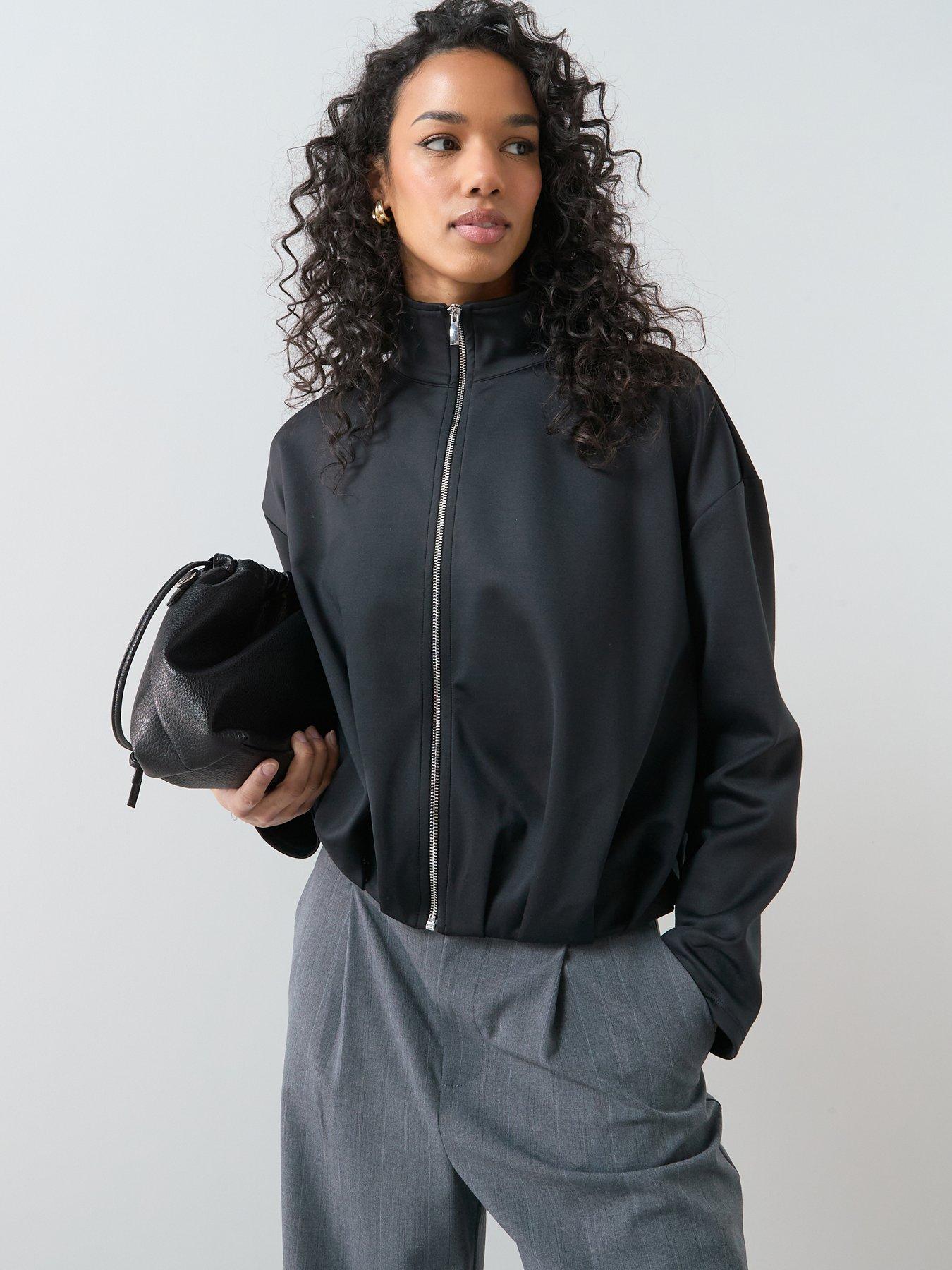  image of the-very-collection-zip-up-funnel-neck-bubble-hem-jacket-black