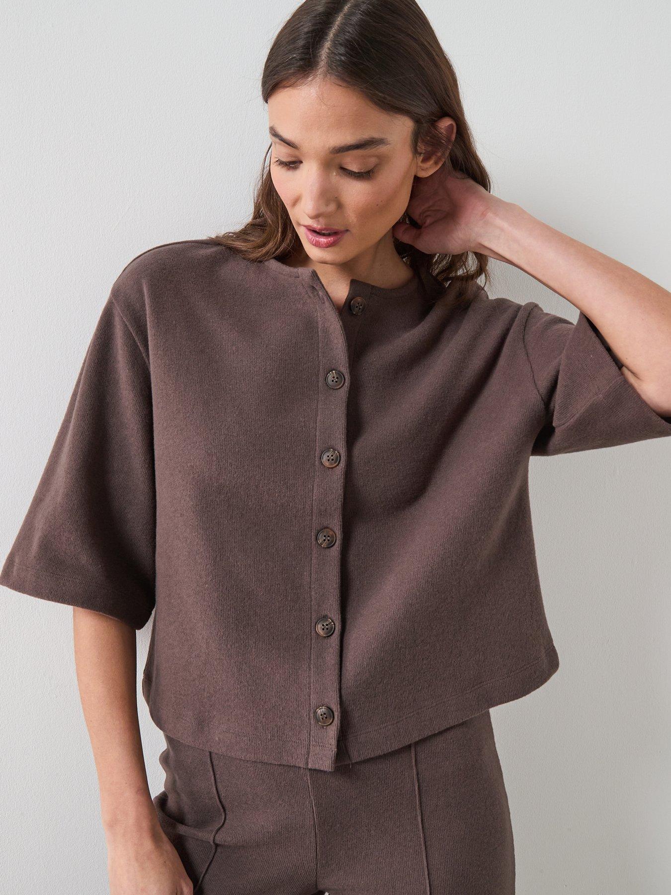  image of the-very-collection-button-through-short-sleeve-top-brown
