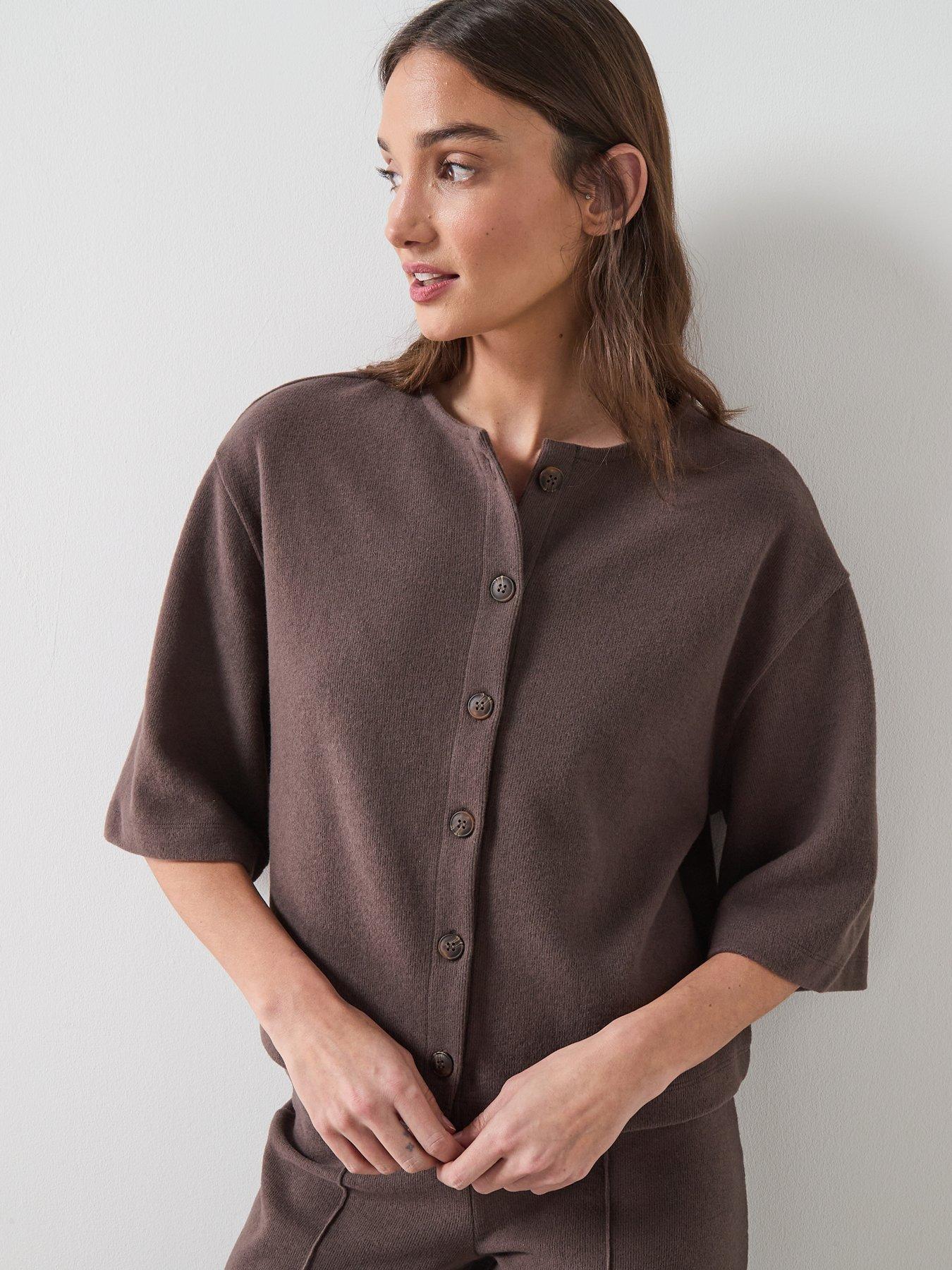  image of the-very-collection-button-through-short-sleeve-top-brown