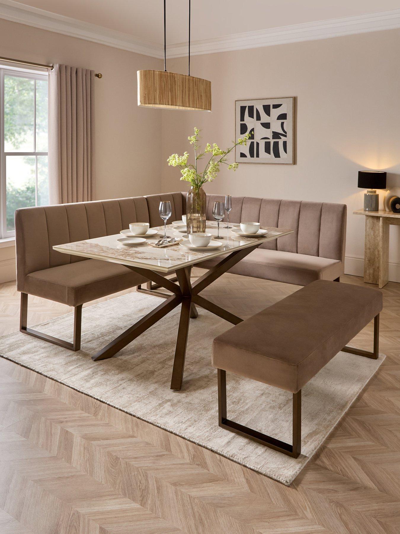 The Very Collection Valetta Velvet 160 cm Dining Table  &  Bench Dining Set - Mink/Bronze