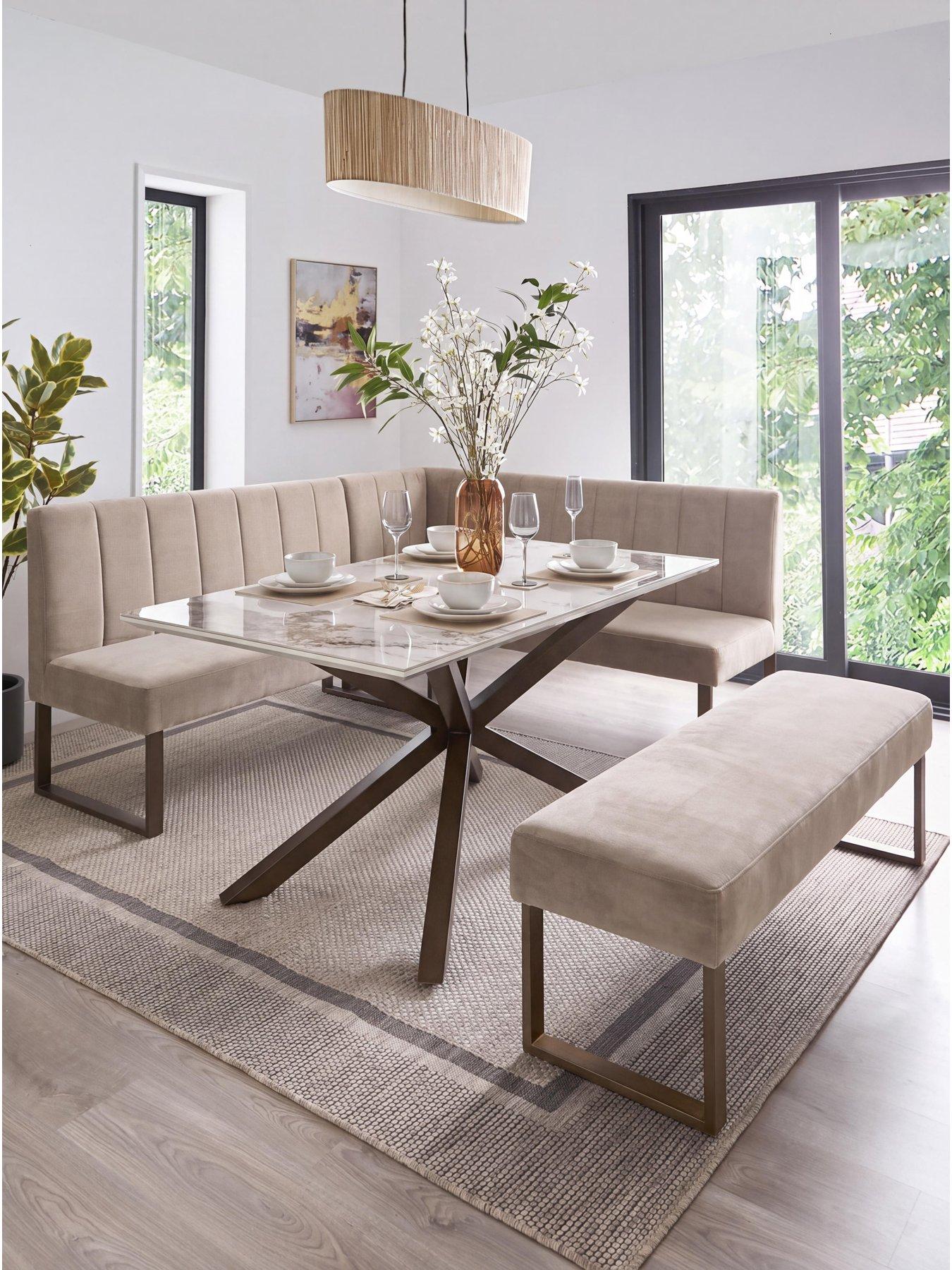 Image 1 of 7 of The Very Collection Valetta&nbsp;Velvet 160 cm Corner&nbsp;Dining Table &amp; Bench Dining Set - Mink/Bronze - FSC&reg; Certified