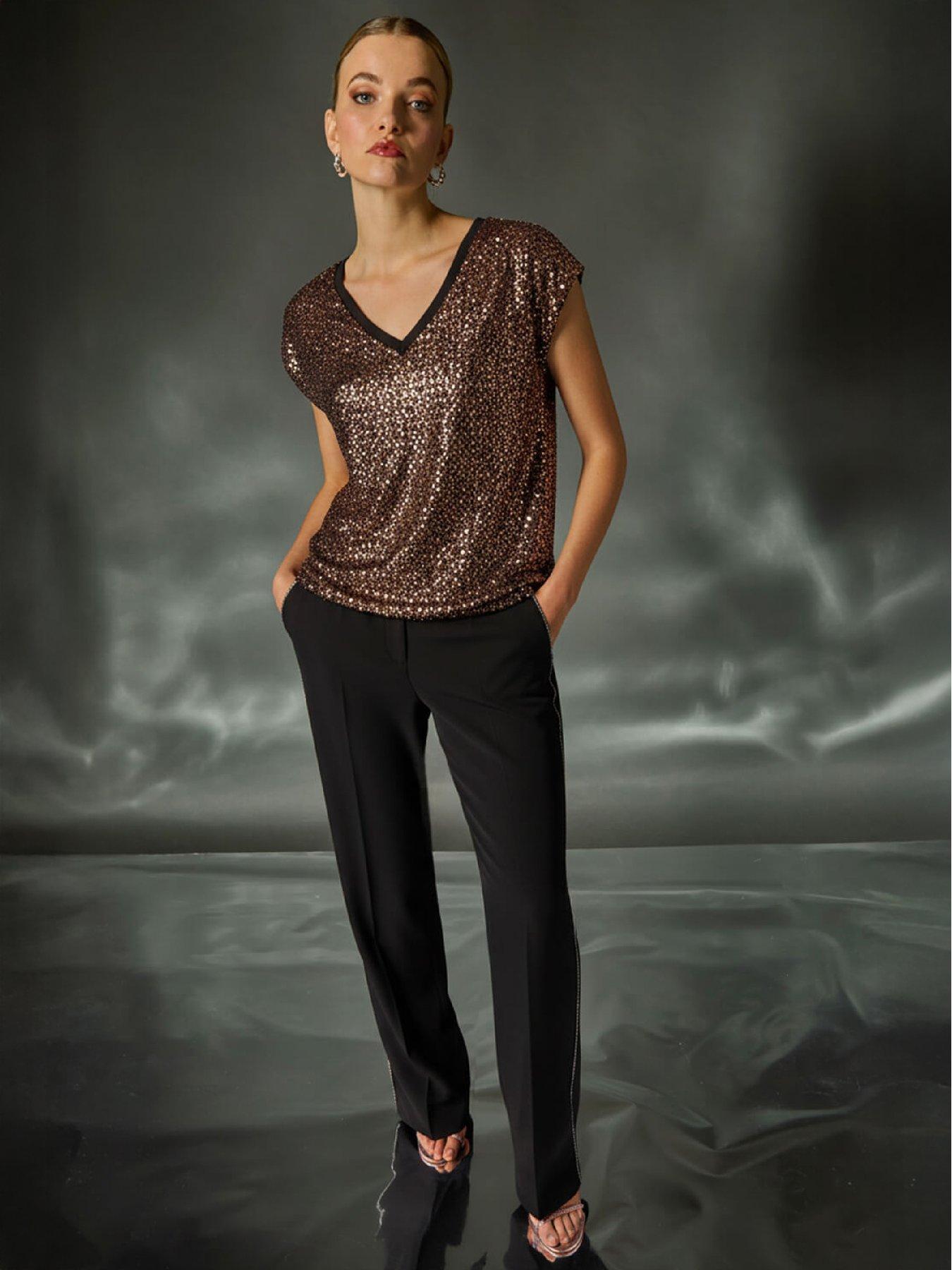 Image 1 of 6 of Roman Sequin V-neck Stretch Top - Bronze