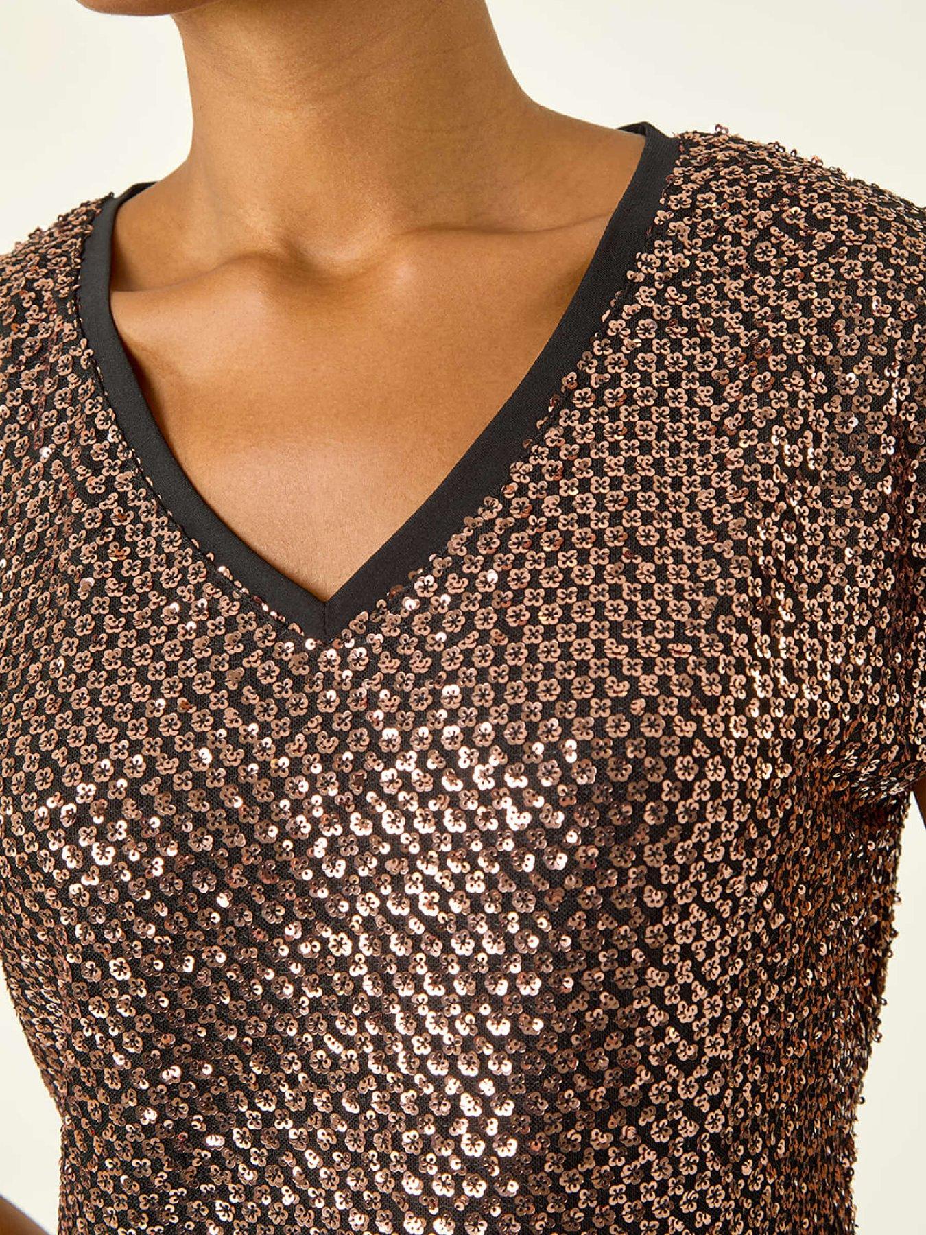 Image 5 of 6 of Roman Sequin V-neck Stretch Top - Bronze