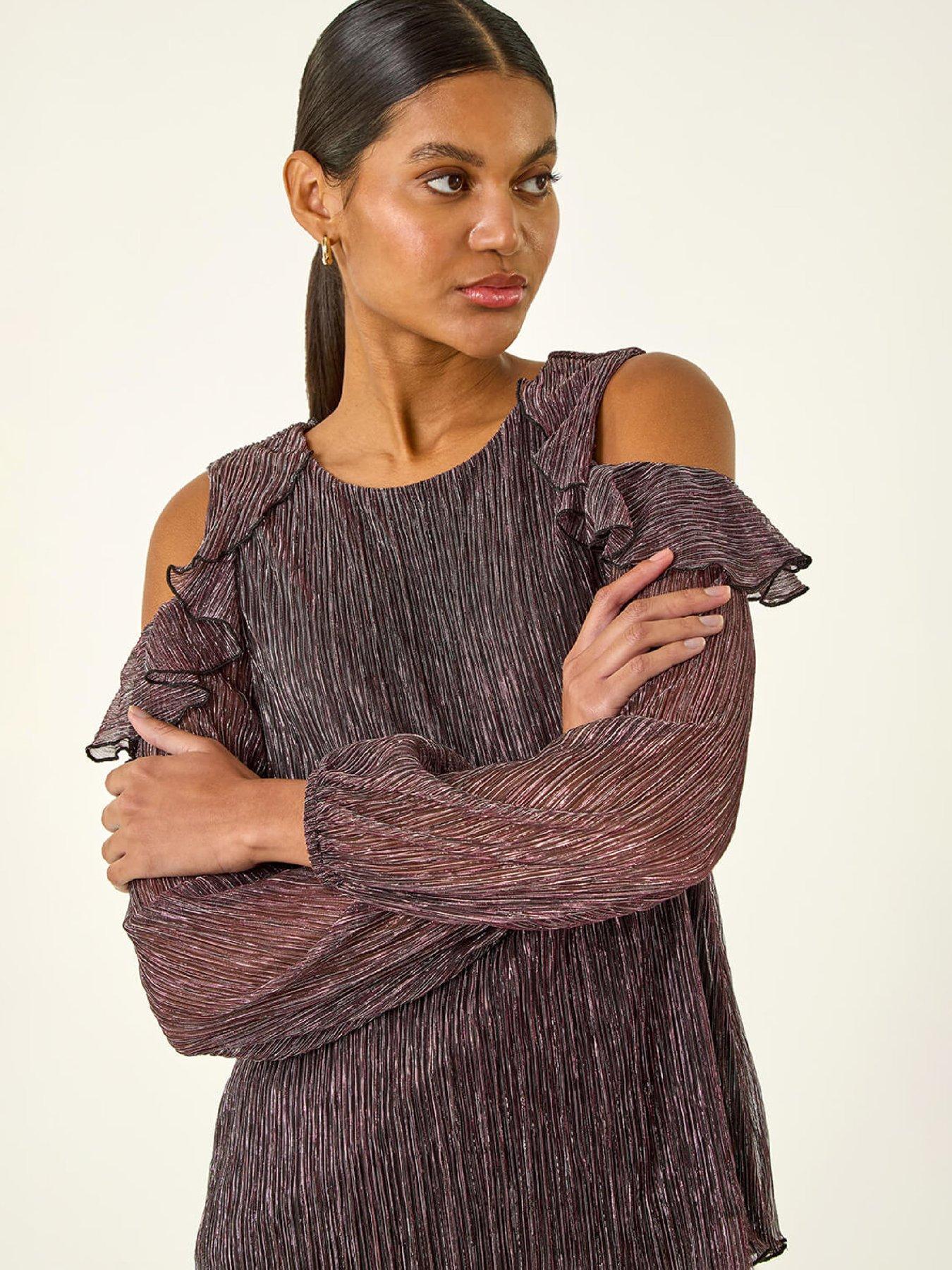  image of roman-shimmer-cold-shoulder-plisse-top-pink