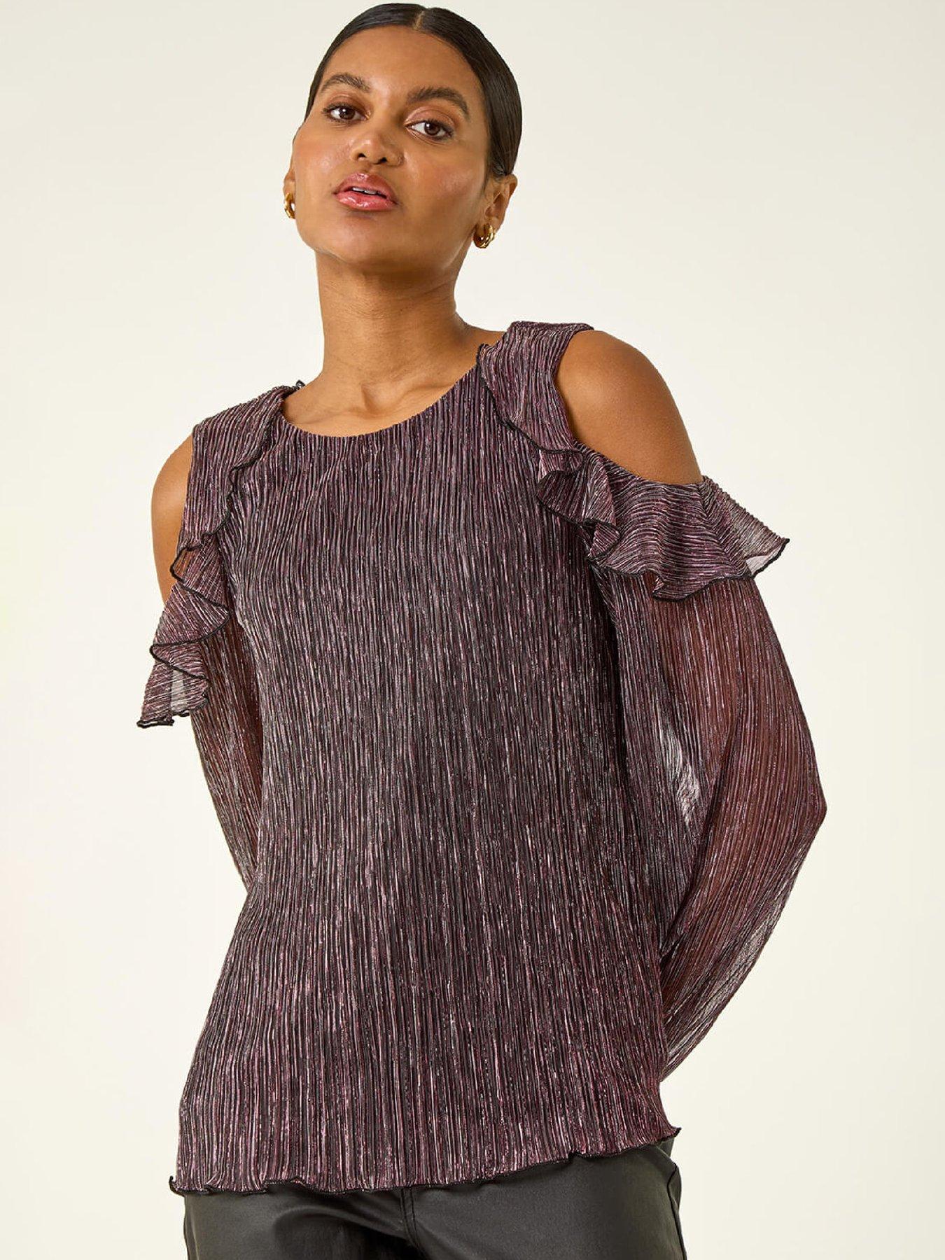  image of roman-shimmer-cold-shoulder-plisse-top-pink
