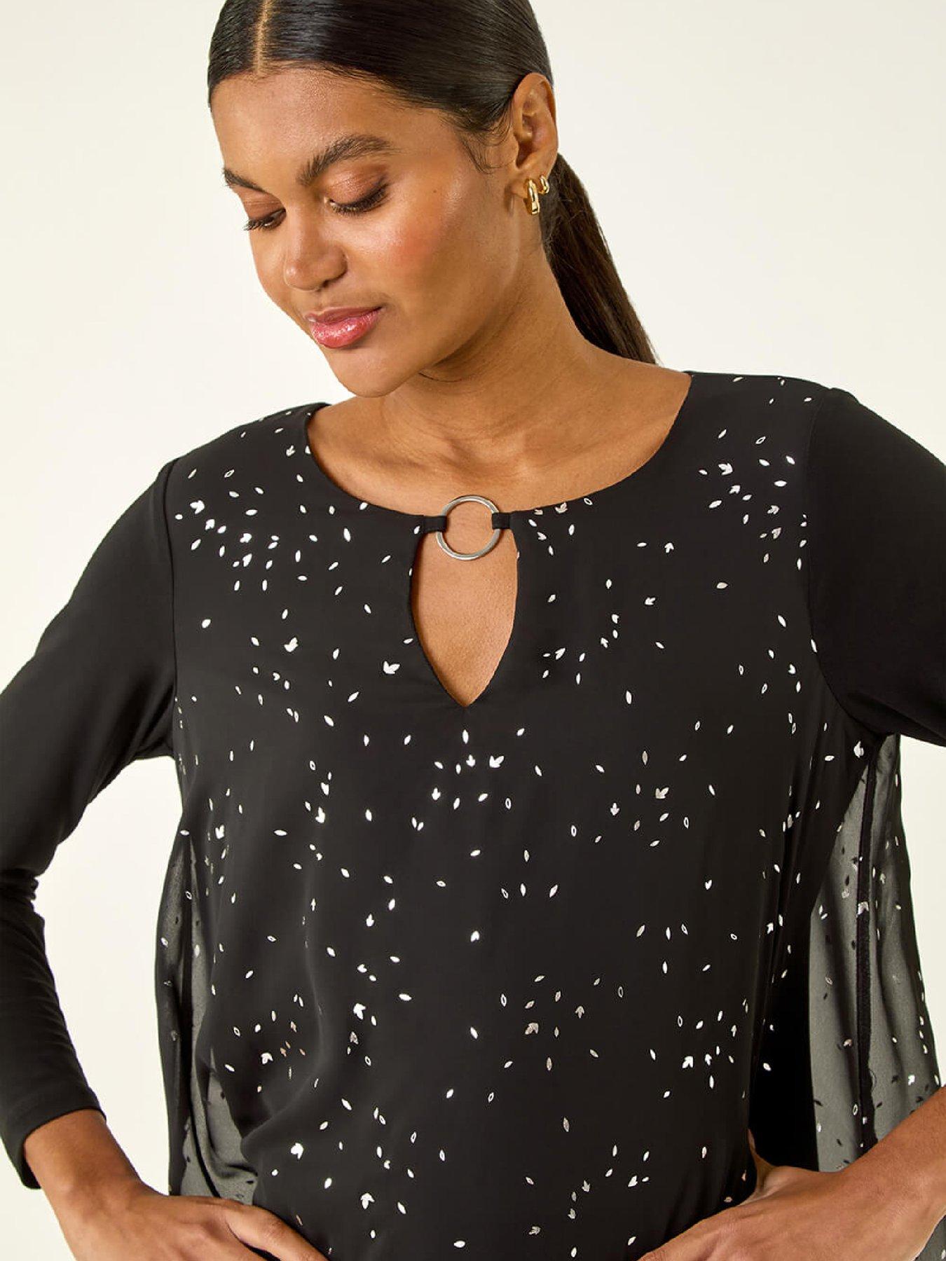 Image 4 of 6 of Roman Ring Front Foil Tunic Top - Black