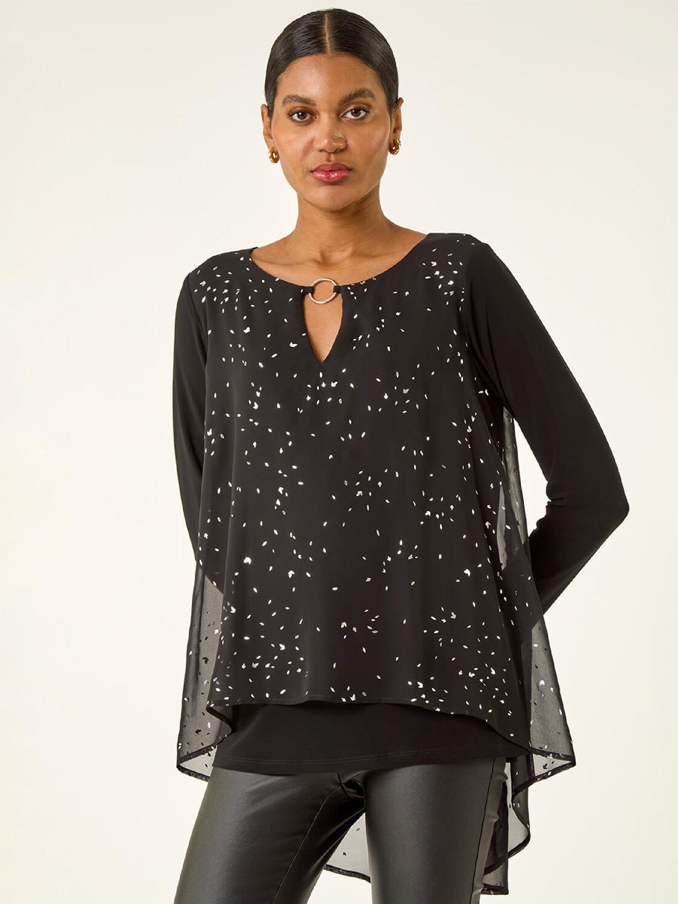 Image 6 of 6 of Roman Ring Front Foil Tunic Top - Black