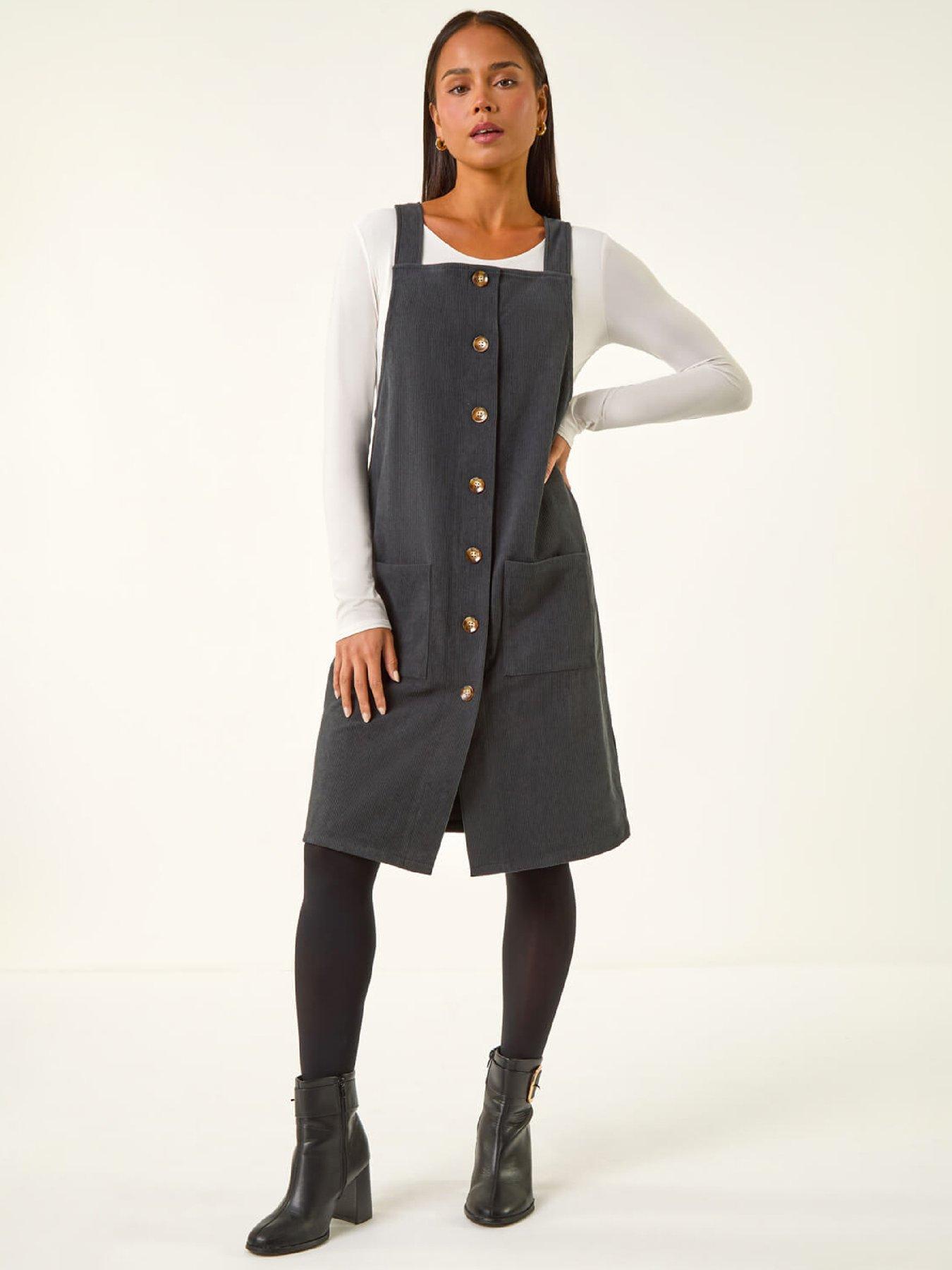 front image of roman-petite-corduroy-pinny-dress-grey