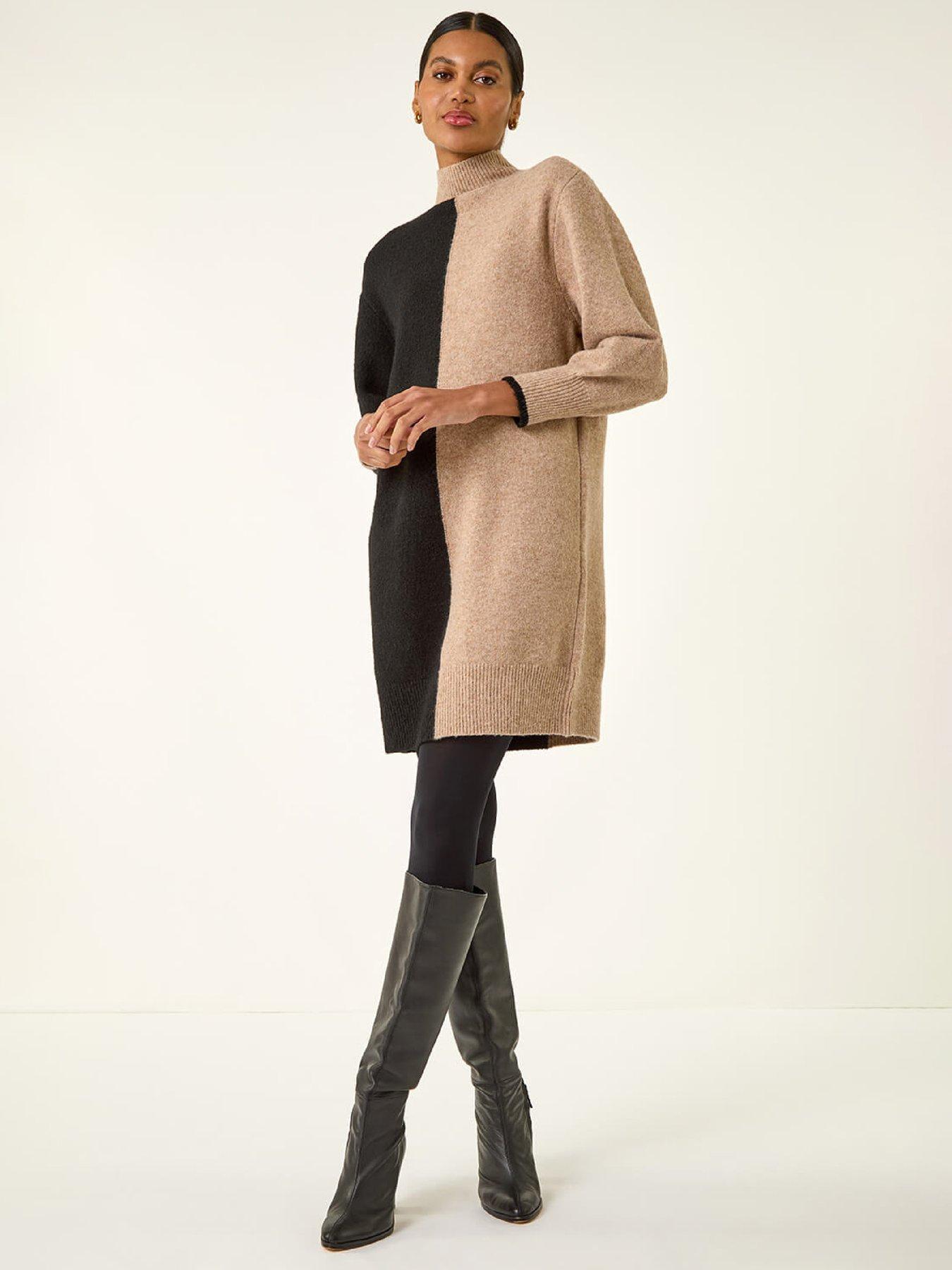  image of roman-contrast-colour-knit-dress-biscuit