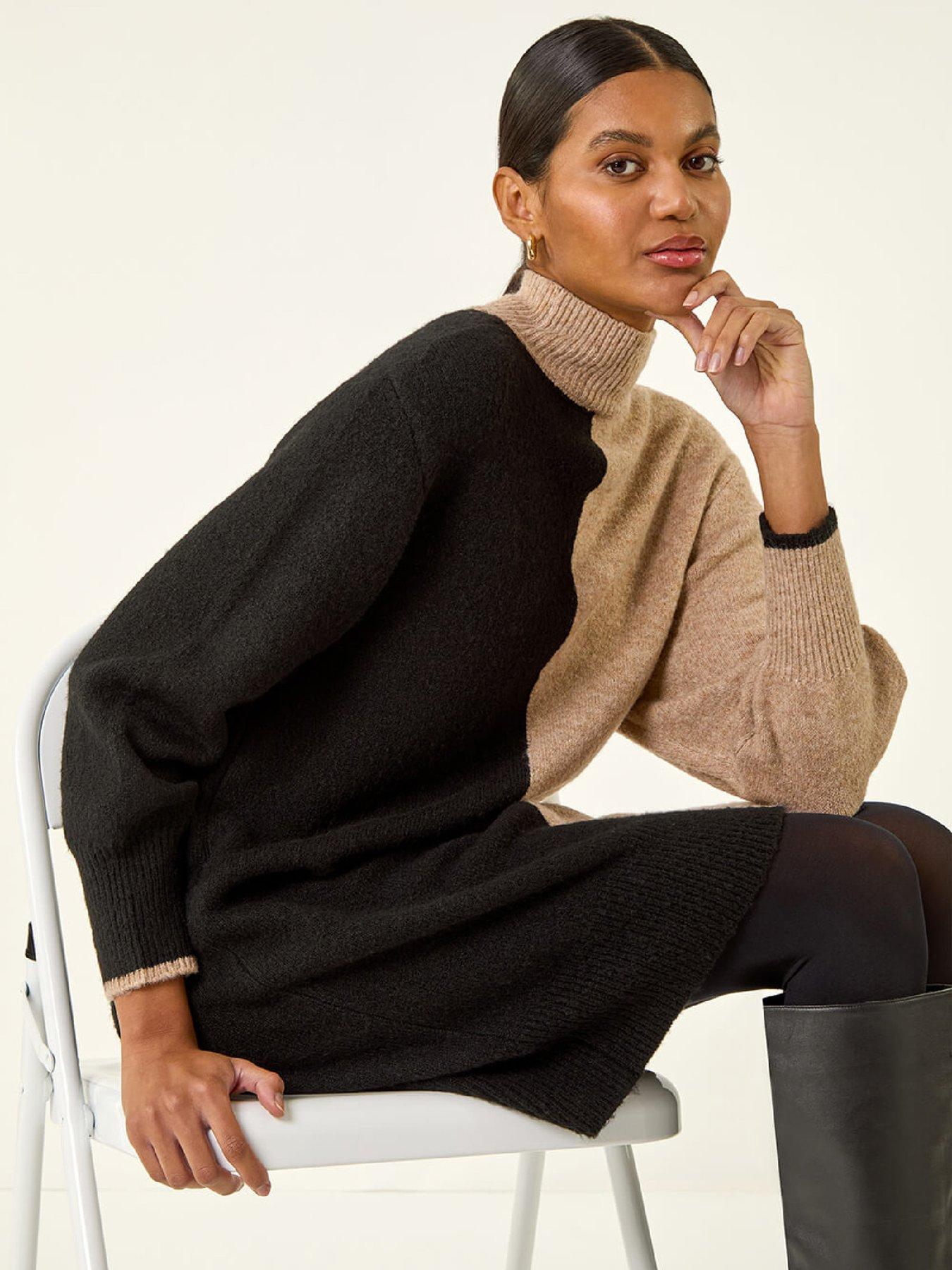  image of roman-contrast-colour-knit-dress-biscuit