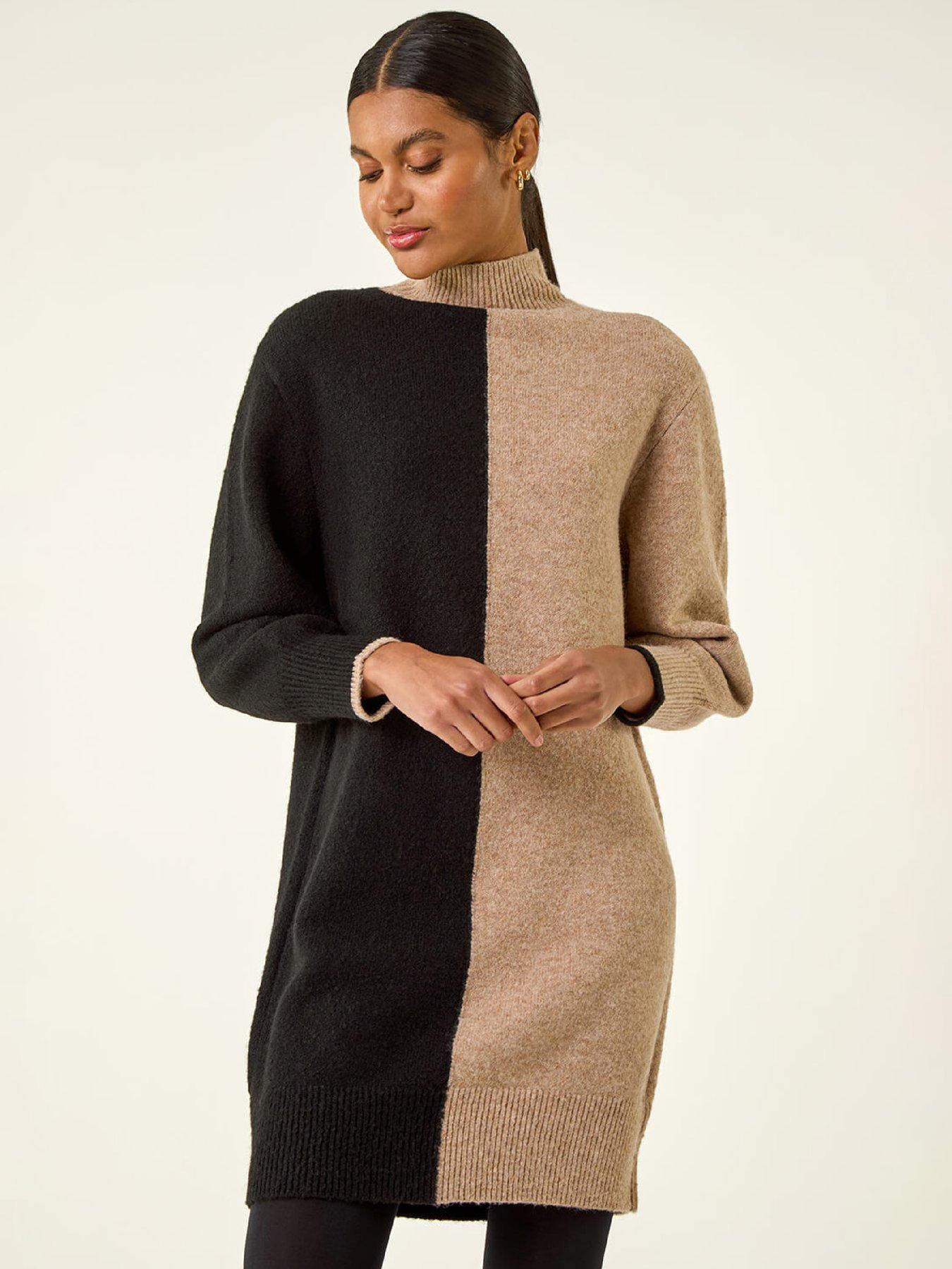  image of roman-contrast-colour-knit-dress-biscuit