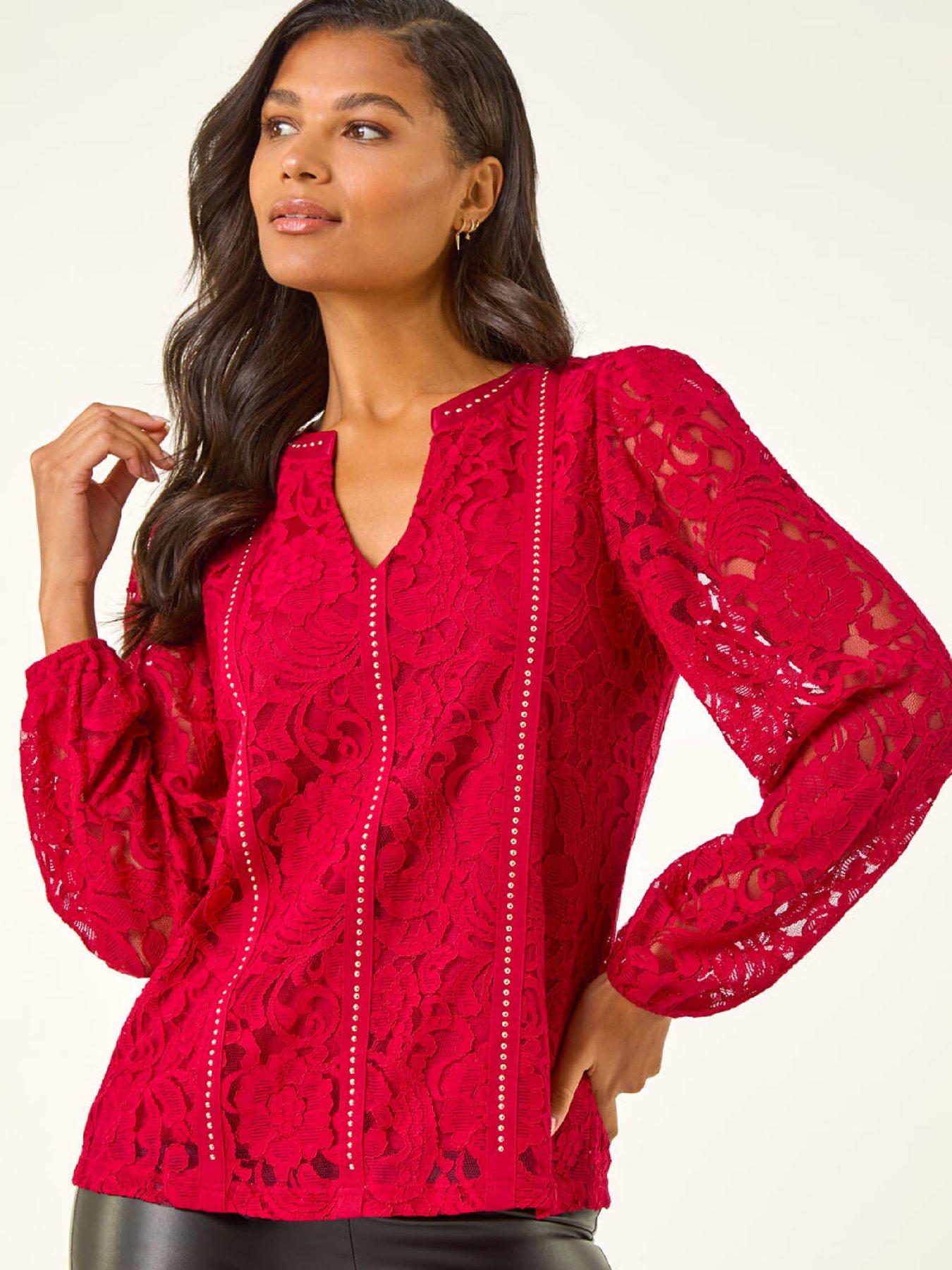 Image 1 of 5 of Roman Studded Lace Notch Neck Top - Red