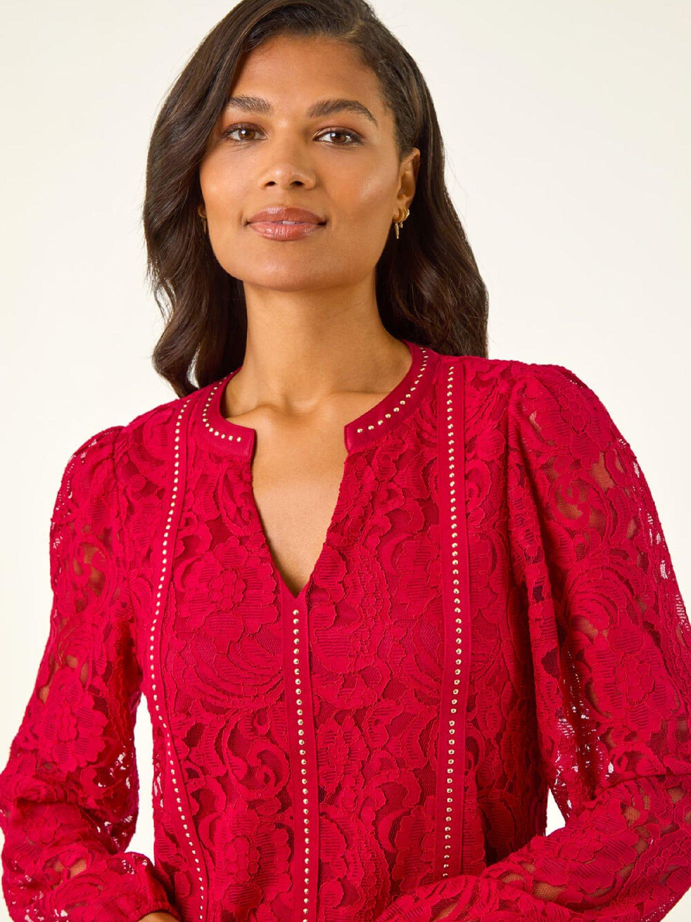 Image 4 of 5 of Roman Studded Lace Notch Neck Top - Red