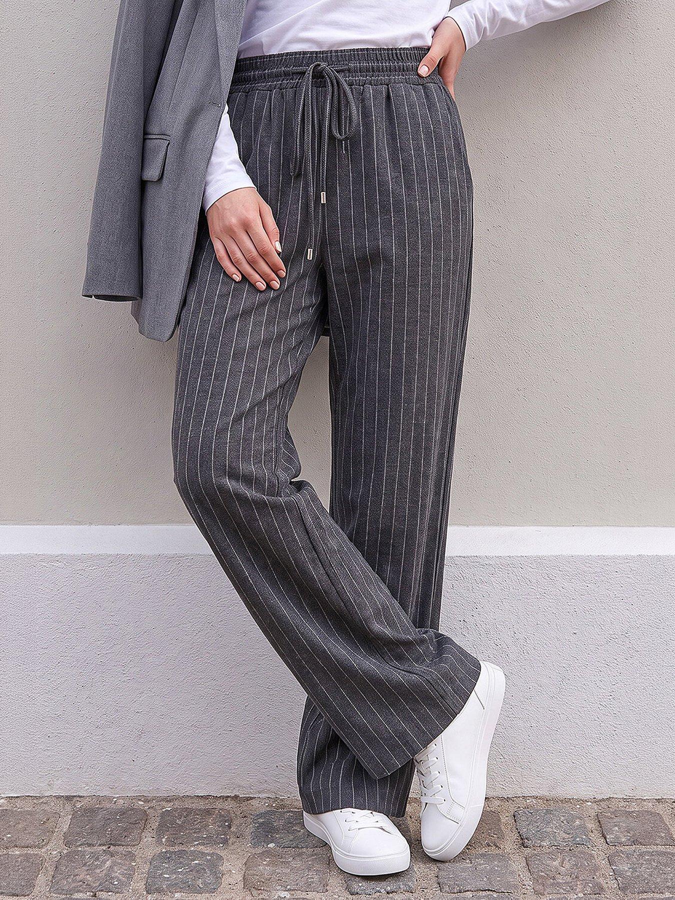 Roman Petite Stripe Wide Leg Stretch Trouser - Grey