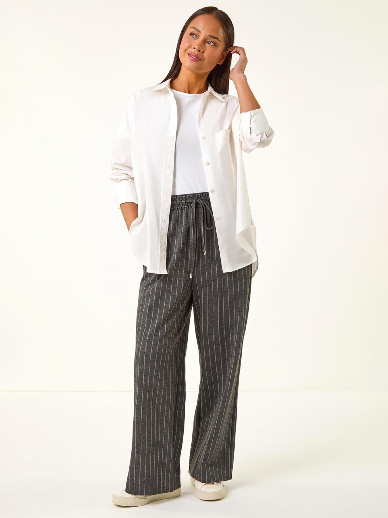  image of roman-petite-stripe-wide-leg-stretch-trouser-grey