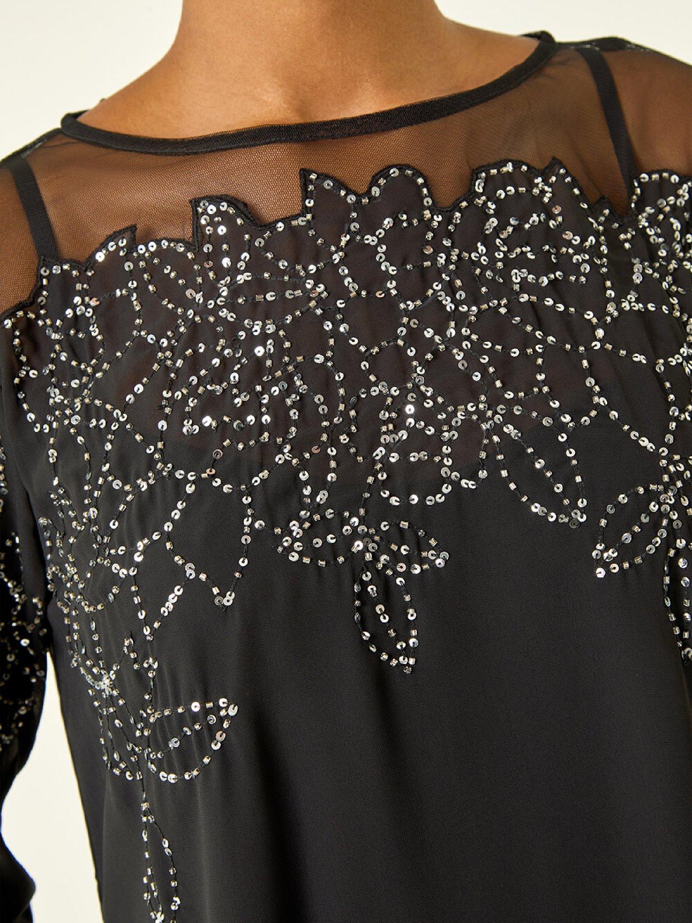 Image 5 of 5 of Roman Sequin Mesh Neck Sequin Dress - Black