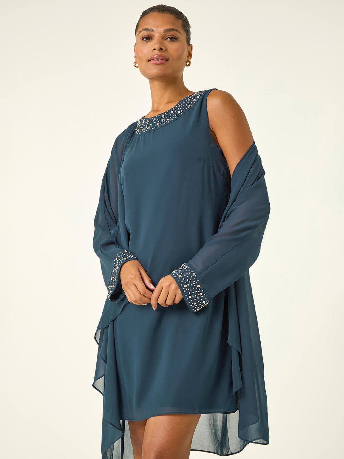  image of roman-embellished-shift-dress-amp-shrug-teal