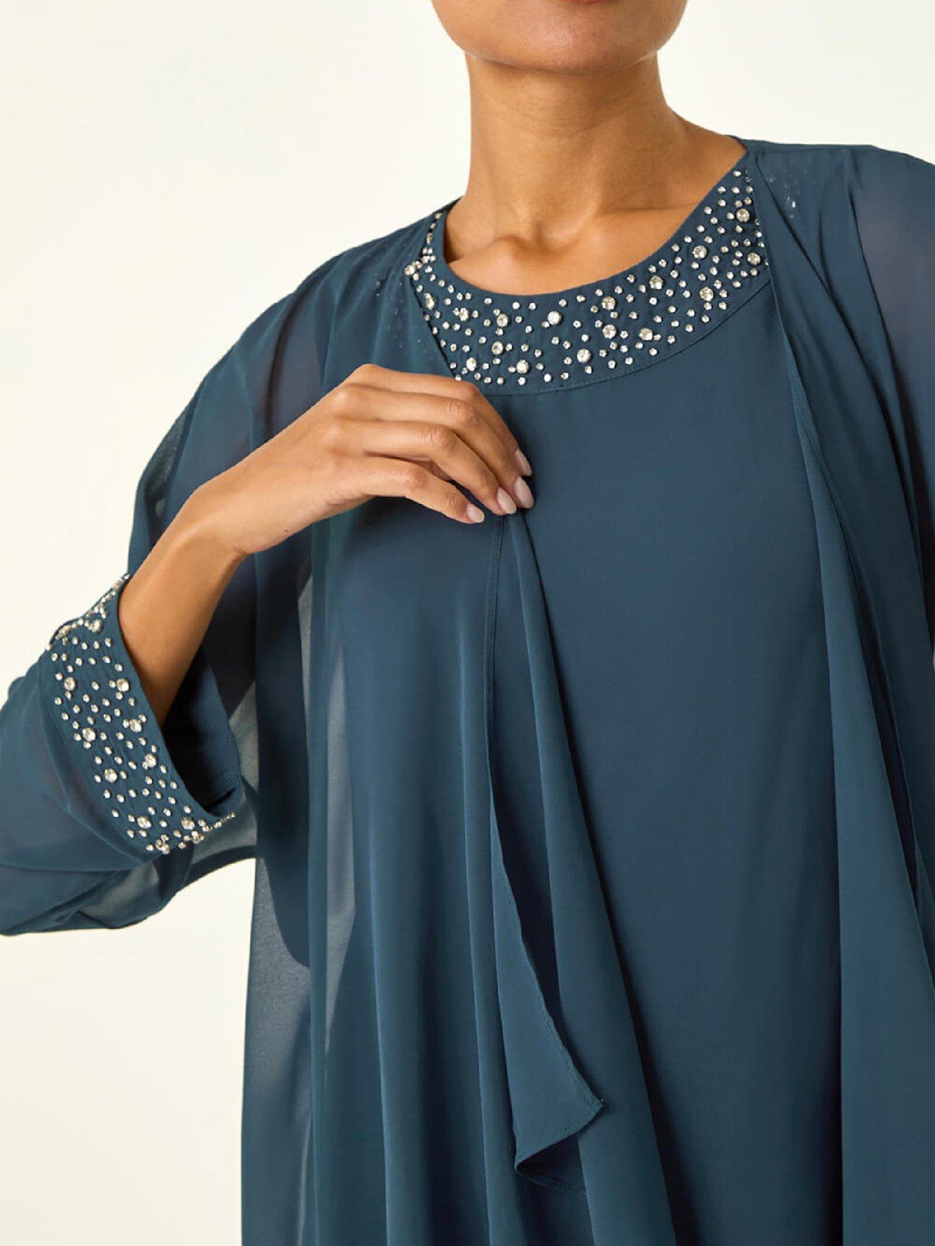  image of roman-embellished-shift-dress-amp-shrug-teal