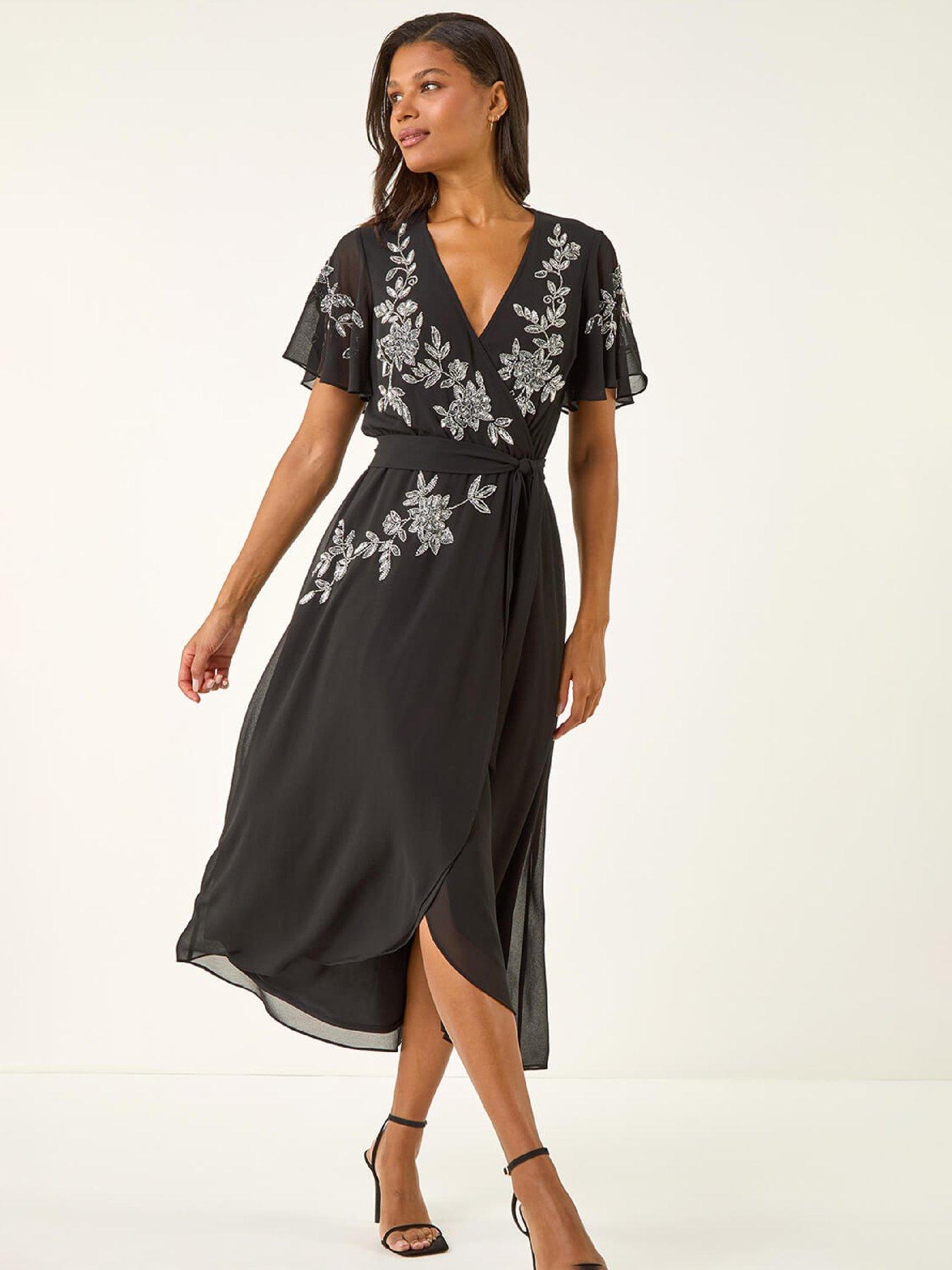 Roman Premium Embellished Wrap Midi Dress - Black