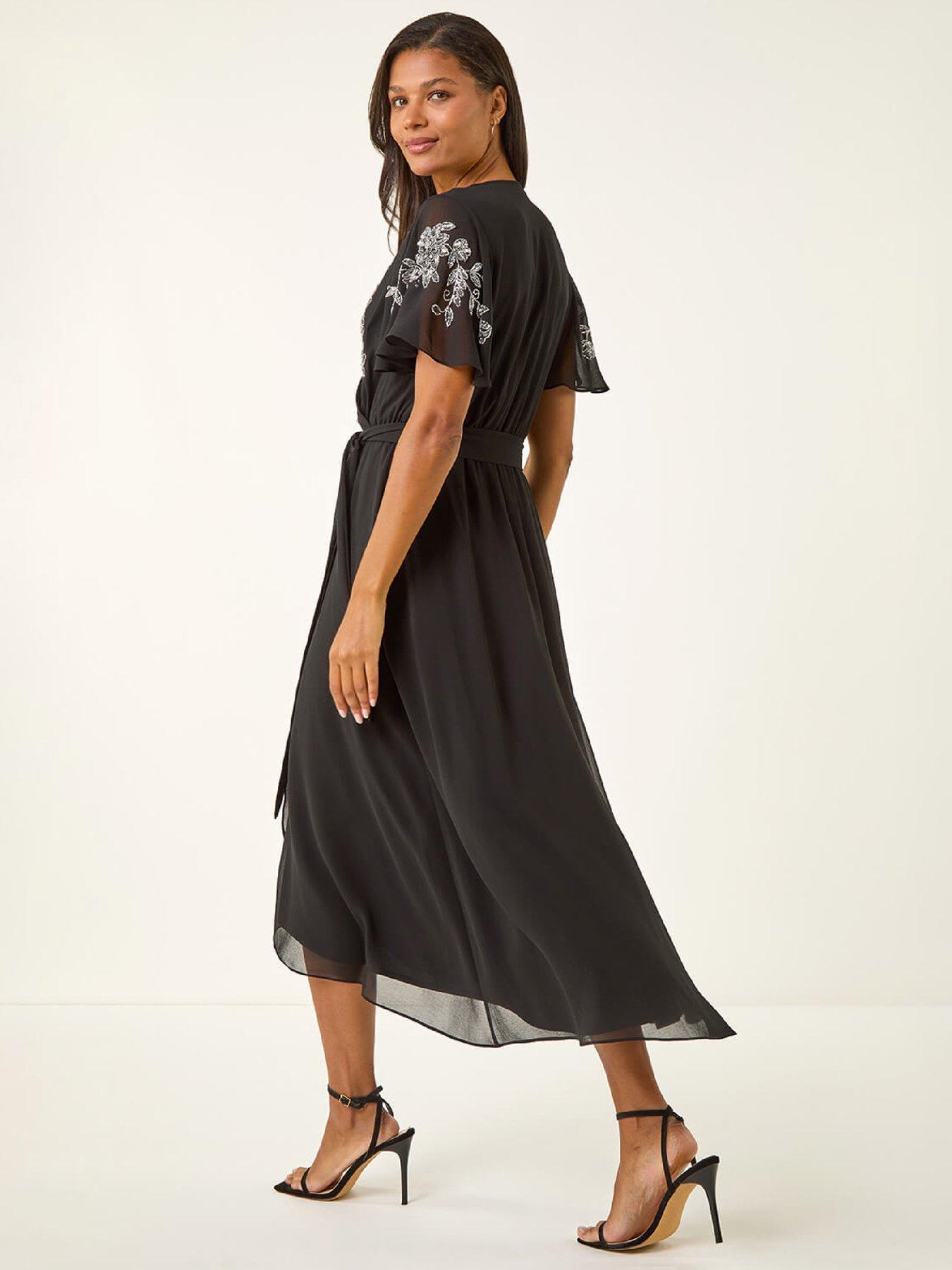 stillFront image of roman-premium-embellished-wrap-midi-dress-black