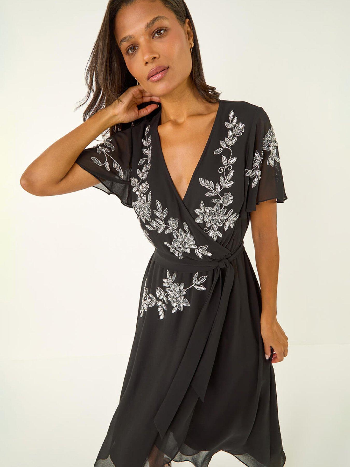  image of roman-premium-embellished-wrap-midi-dress-black
