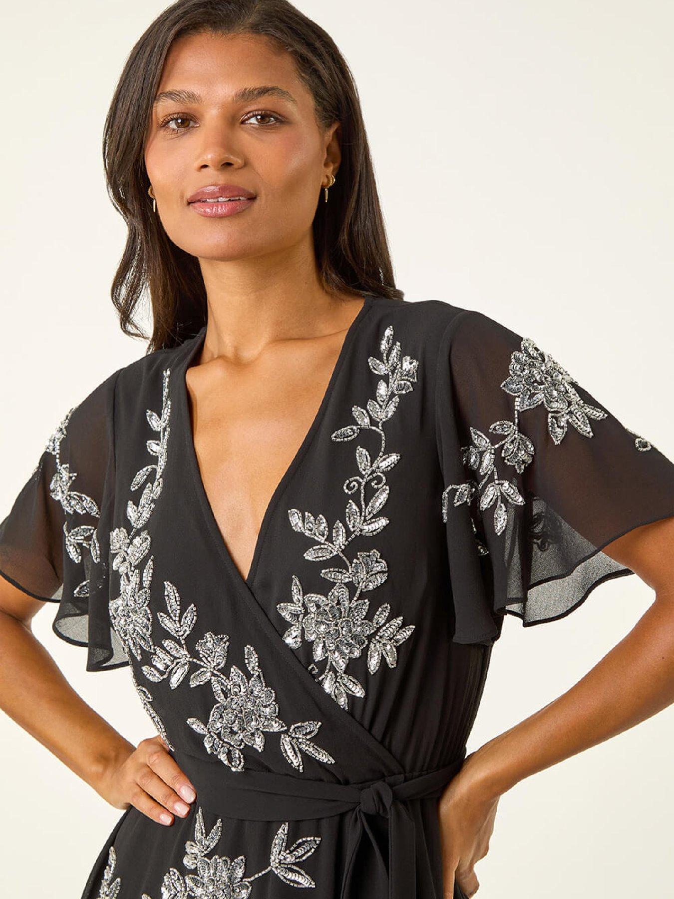  image of roman-premium-embellished-wrap-midi-dress-black